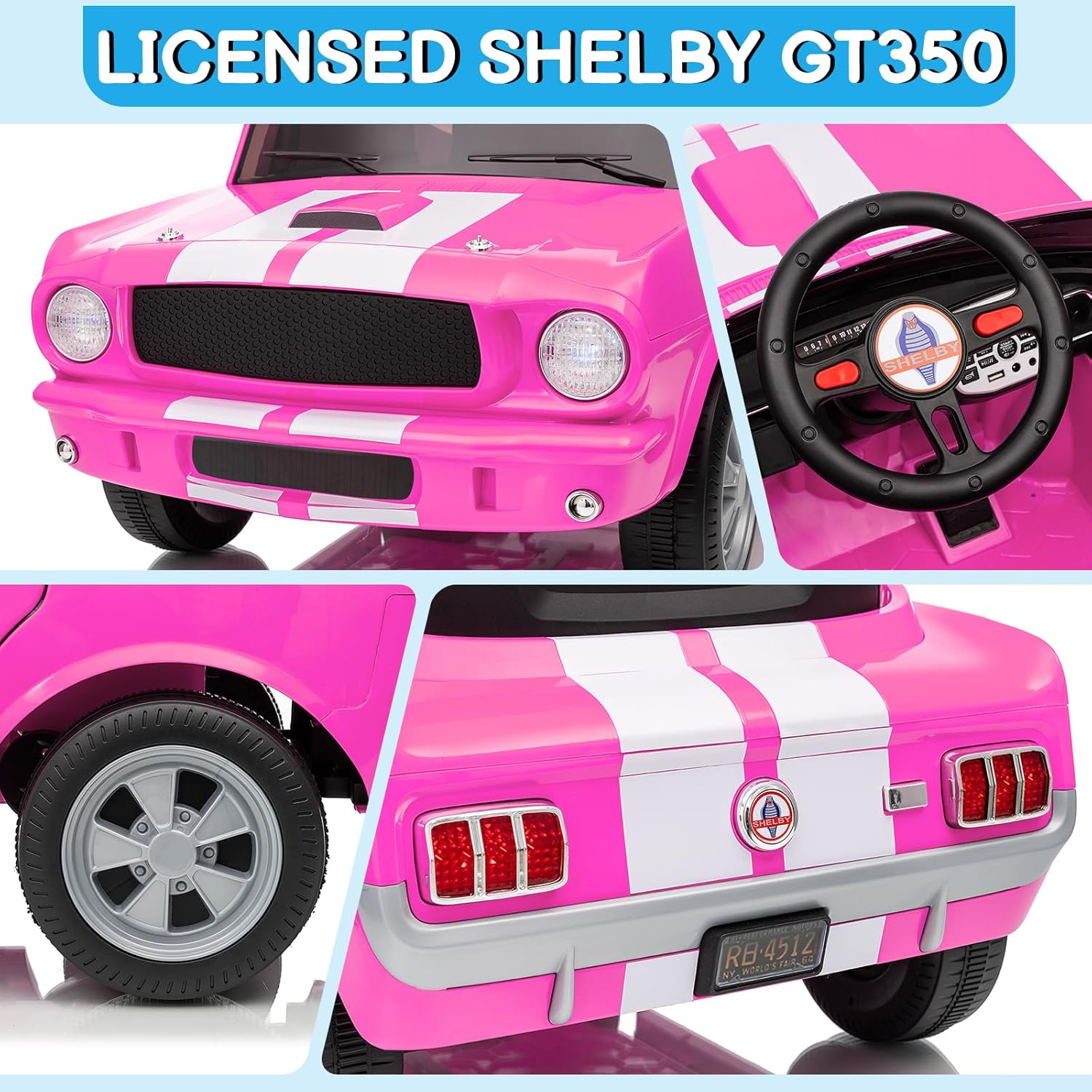 Winado 12V Licensed Shelby Electric Car for Kids, Battery Powered Ride On Toy for Toddlers with Remote Control, Upgrade Panel, Bluetooth, Shock Absorbers, Safety Belt, 3 Speeds, LED Lights - Pink - Image 4