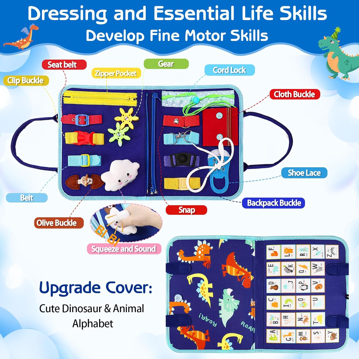 Esjay Toddler Busy Board Montessori Toys for Boys, Sensory Book Educational Activities for Learning Fine Motor Skills, Birthday Gifts for Boys Toddlers, Travel Toys for Airplane Car, Blue Dinosaur - Image 2