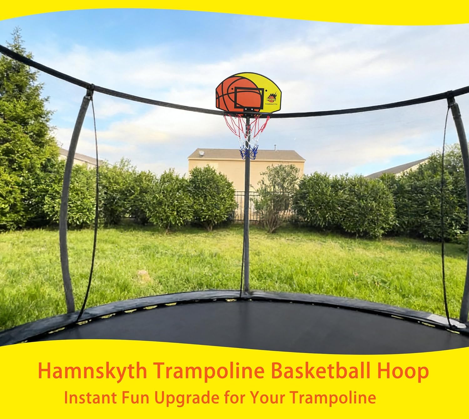 Trampoline Basketball Hoop, Fits Most Straight & Curved Poles, with Stainless Steel Angle-Adjustable Mounting Base, Includes Mini Basketball & Pump - Image 3