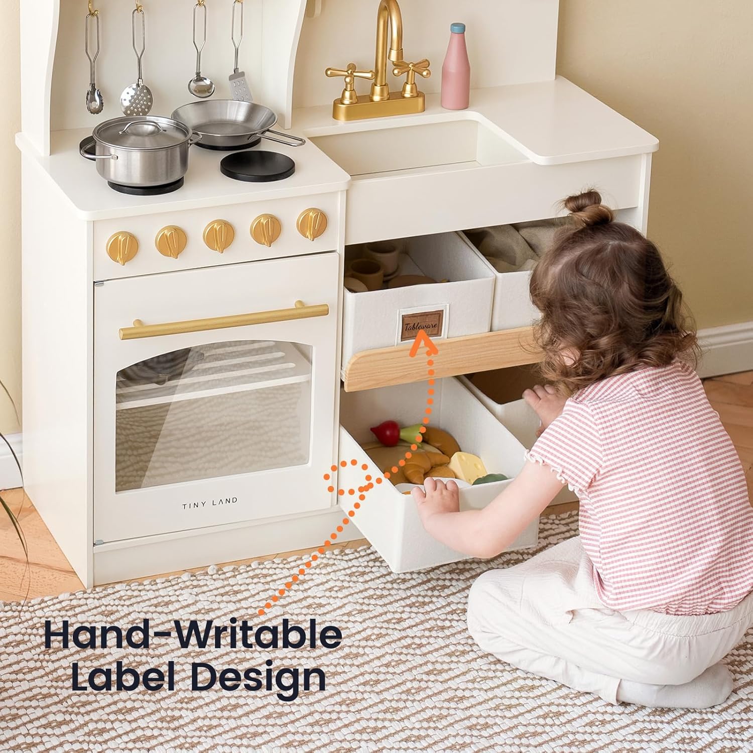 Tiny Land Wooden Play Kitchen for Kids – Enhanced Storage with Cabinets & Bins, Modern Toddler Kitchen Playset with Stove, Sink & Accessories - Image 12