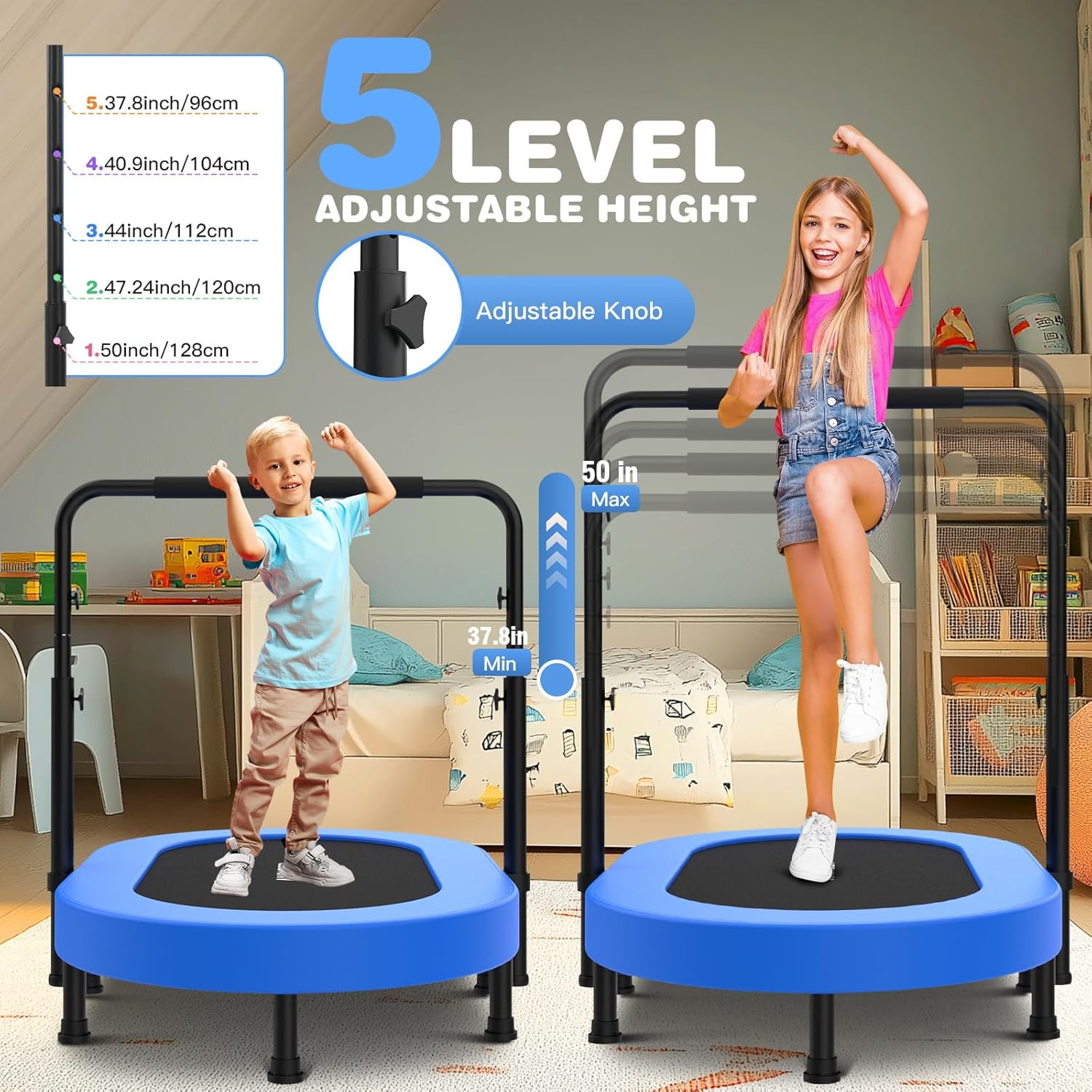 ANCHEER 56" Double Mini Trampoline for Kids, Mini Rebounder with 5-Level Adjustable Handle, Parent-Child Trampoline for Kids, Max Load 220lbs, Fun for Indoor/Outdoor - Image 2