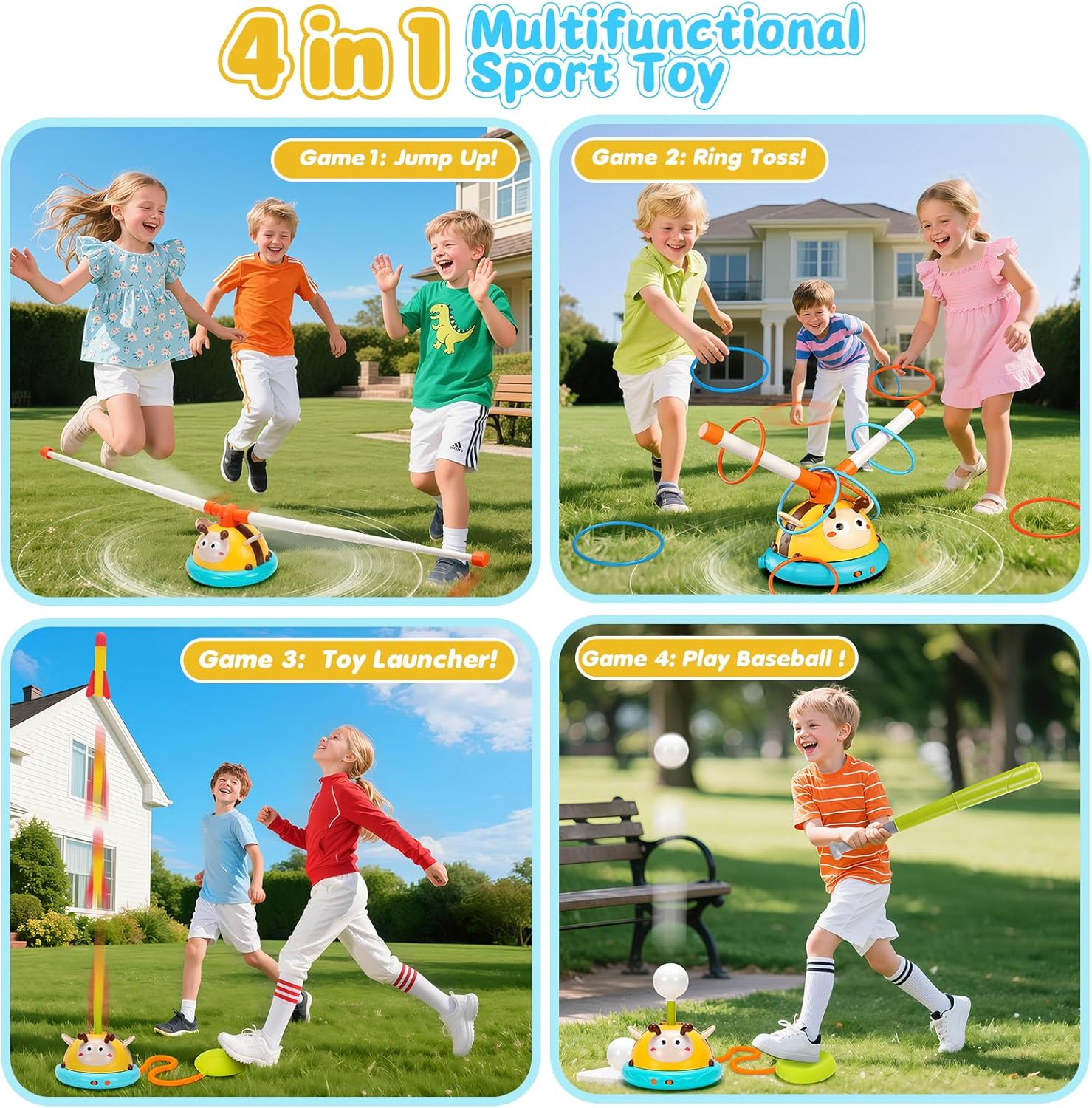 Outdoor Toys for Kids 4-8, 4-in-1 Musical Jump Toy, Toss Ring & Baseball Game, Indside Outside Active Play Sports Toy for Toddlers Ages 3-5, for Boys Girls 3 4 5 6 7 8 - Image 4