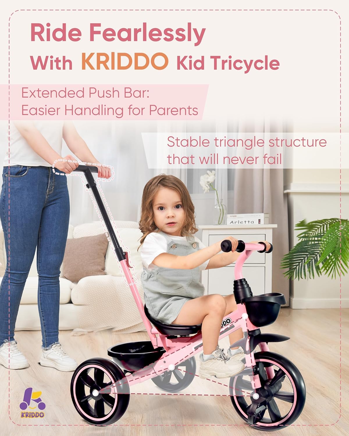KRIDDO 2-in-1 Toddler Tricycle for Ages 18 Months to 5 Years Old - Extended Push Handle for Effortless Push, Gift Trike for Toddler 3 to 5 Year, Kids Tricycle with Foldable Front Footrest, Pink - Image 5