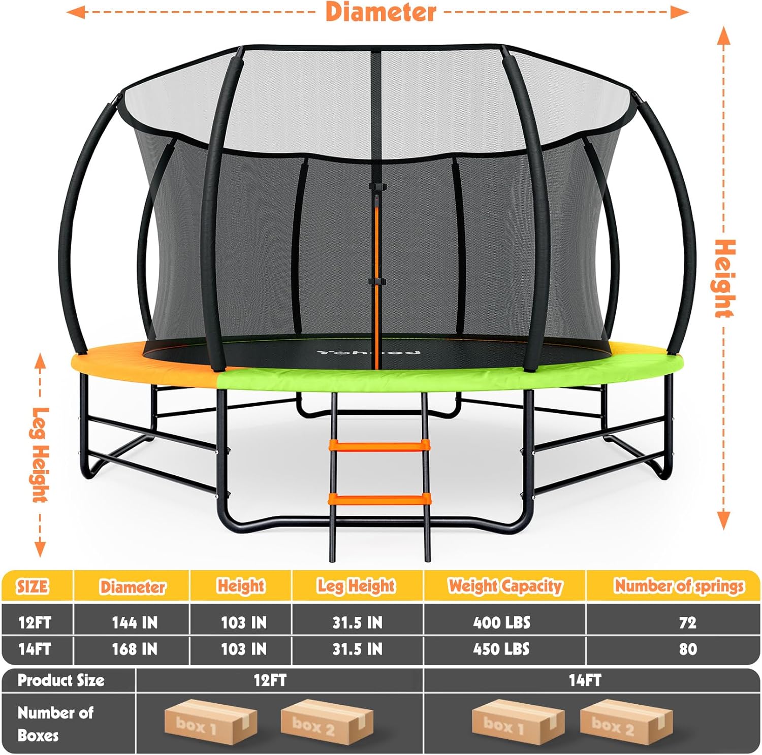 Yohood Trampoline Outdoor 12FT 14FT, Recreational Trampolines with Enclosure Net and Ladder, ASTM Approved for Kids and Adults, with Additional 8 Stabilizer Bars and Anti-Rust Coated Galvanized Frame - Image 7