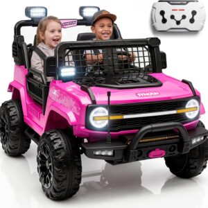 SYNCFUN 24V 2 Seater Ride On Car for Kids, Electric Car with Remote Control, 3 Speed Settings, All-Terrain Tires, LED Lights & Bluetooth Music, Up to 132 lbs, Ride on Toys for Kids Age 3-8, Pink