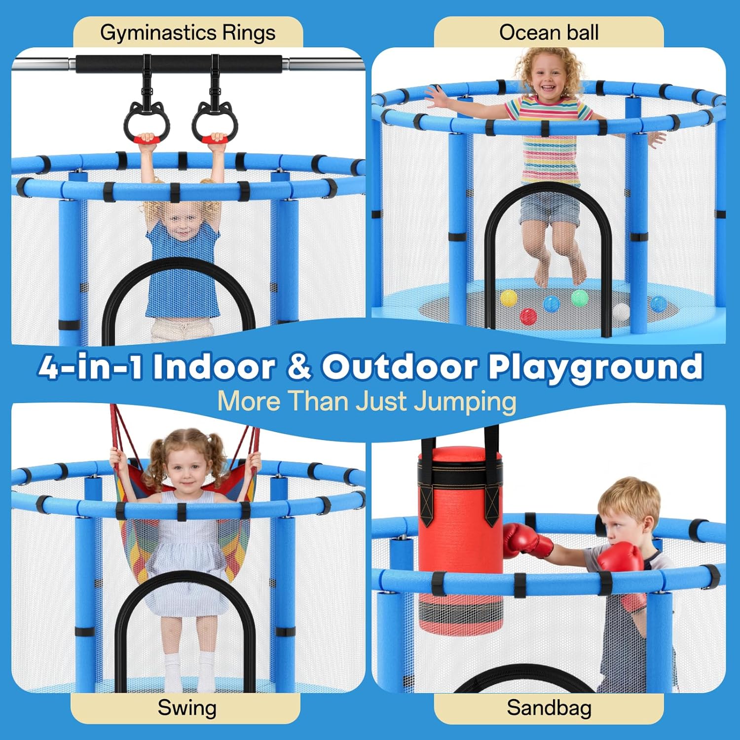 Toddler Trampoline for Kids, Trampoline with Net, Trampoline Indoor Outdoor playset with Adjustable Gymnastics Bar, 440lbs Kids Trampoline, Easy Assembly - Image 3