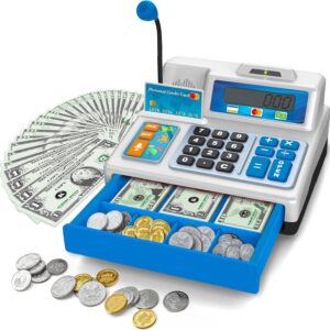 Bstoyder Calculator Cash Register Toy Gift for Kids Age 3, 4, 5, 6, 7, 8+ Year Old, 103 Pcs Grocery Store Playset with Microphone, Credit Card, Cash Register for Toddlers Kids 4-8