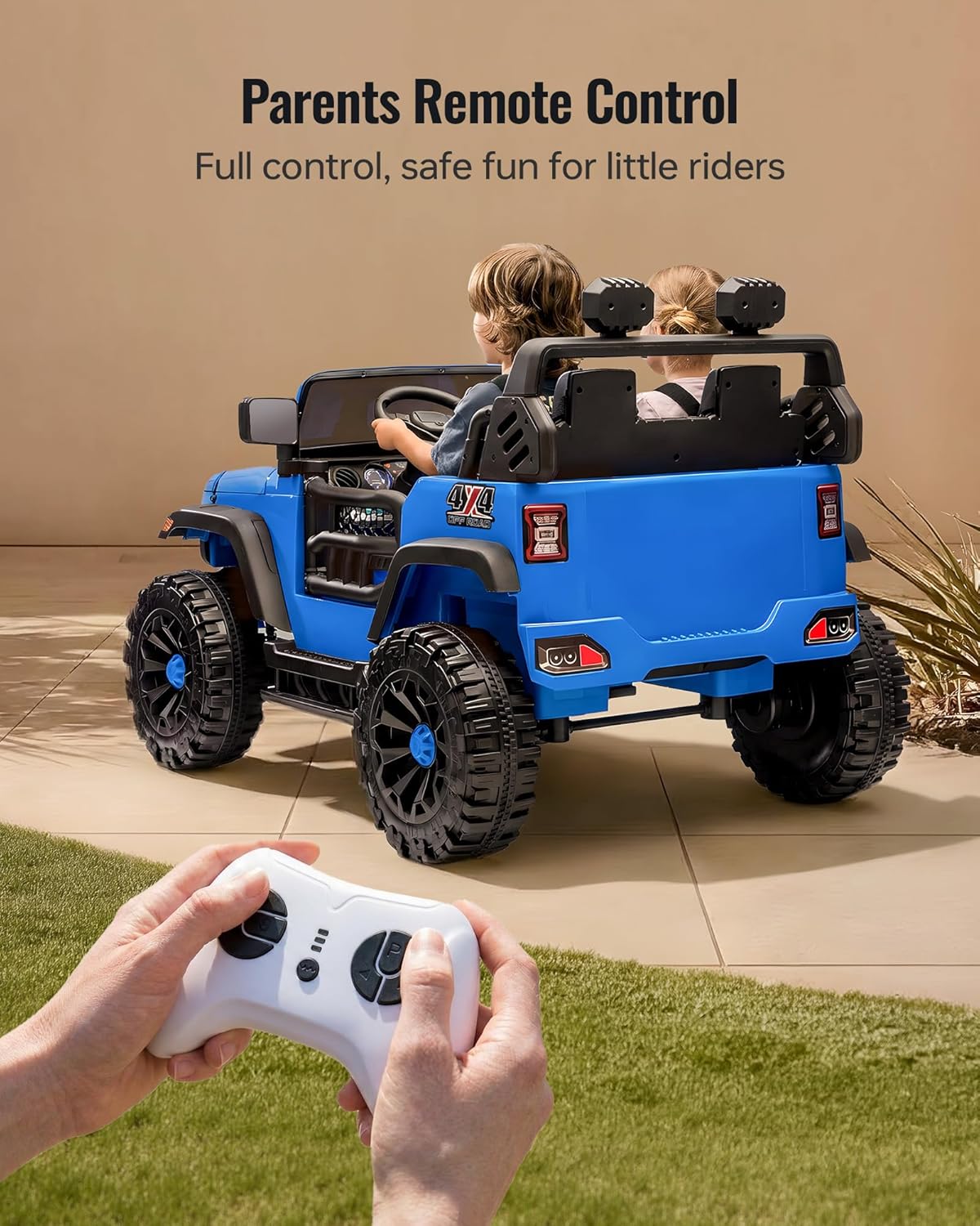 Outfunny 2 Seater Ride on Car Toy, 24V 4WD Electric Car for Kids 4-8 with Remote Control, 4x200W Motors, Capacity 150 lb - Blue - Image 4