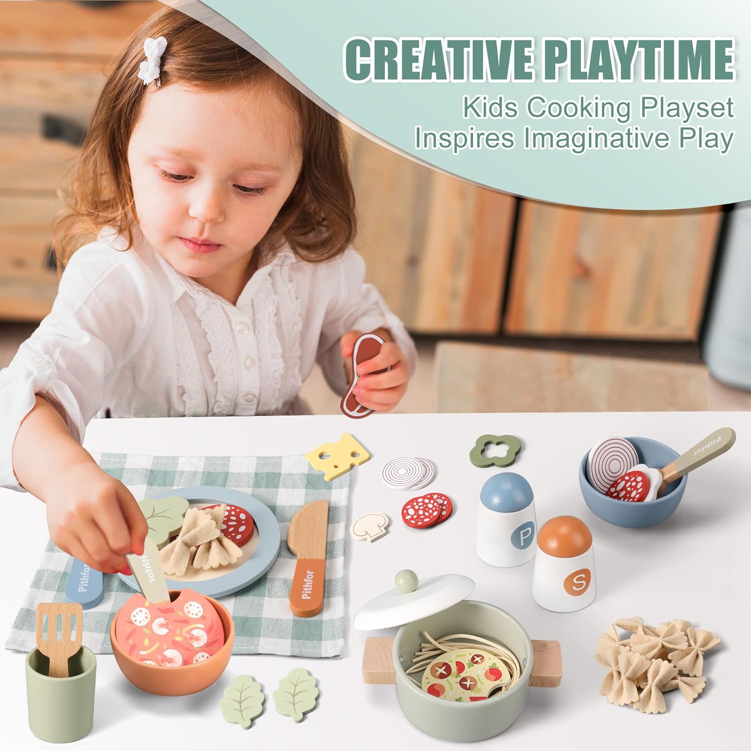 Pithfor Wooden Play Cooking Set, Pretend Play Kitchen Accessories Toys Set for Kids Toddlers, Including Play Dishes, Pot and Pan, Utensils, Gifts for 3 4 5 Years Old Girls Boys - Image 5