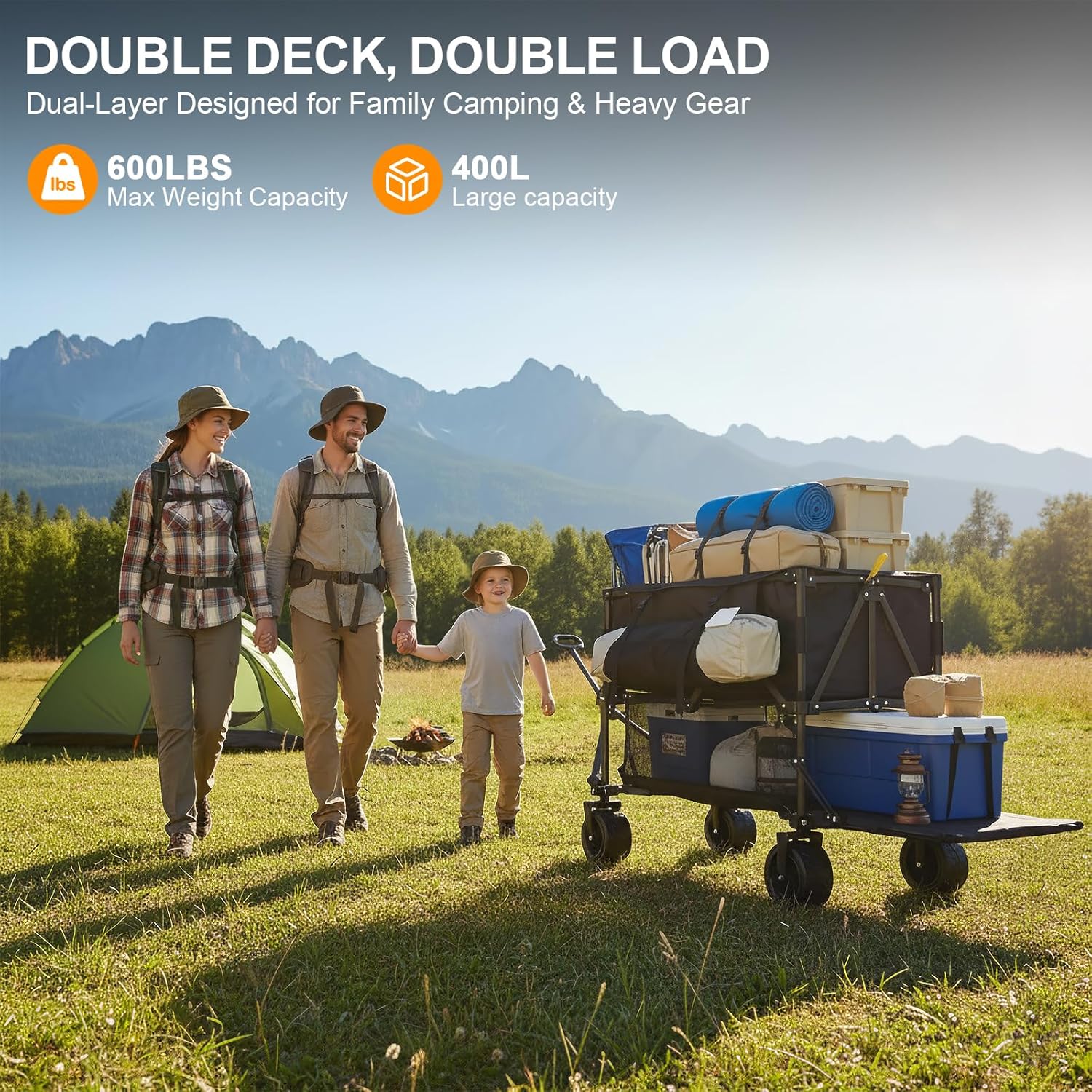 Double Decker Wagon Heavy Duty Collapsible, 600LBS 400L Capacity Foldable Utility Cart with Big Wheels for Beach, Outdoor, Camping & Gardening, Durable Steel Frame - Image 5