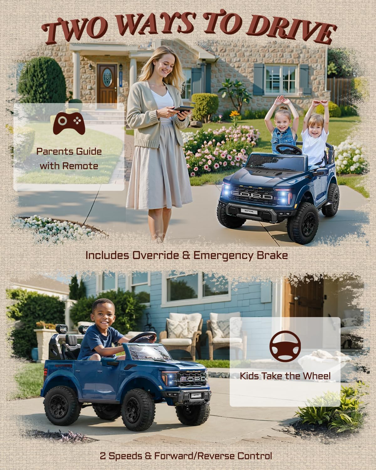 First Ride On Licensed Ford F-150 Raptor 2 Seater Ride on Car for Kids, 24 Volt Ride on Toys for Boys w/Remote Control, Kids Electric Car w/LED Lights, Bluetooth, Truck Bed Storage, Soft Start (Blue) - Image 3