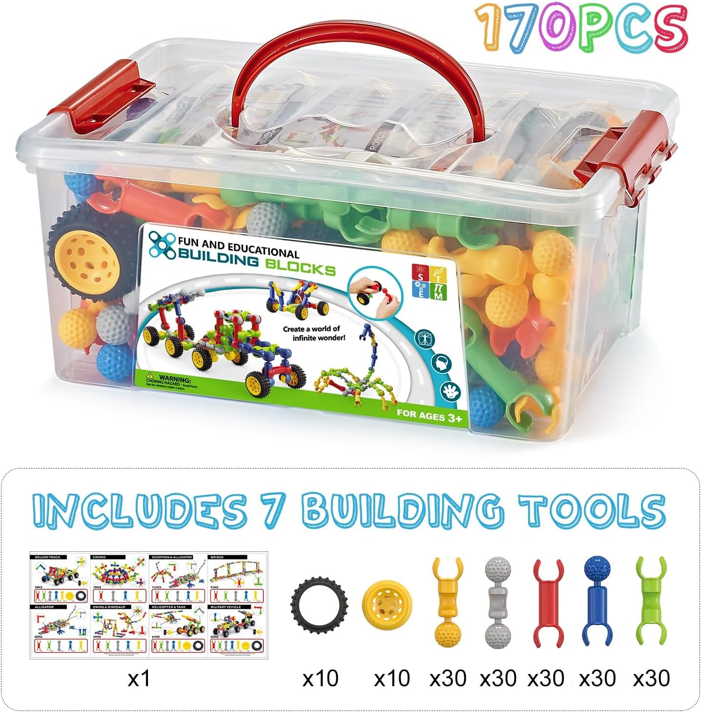 170 Pcs Building Toys for Kids Ages 4-8 with Toy Box Storage, Idea Guide, Building Blocks STEM Toys for 3 4 5 6 7 8 9 Year Old Creative Kids Activity, Christmas Birthday Gifts for Boys Girls - Image 2