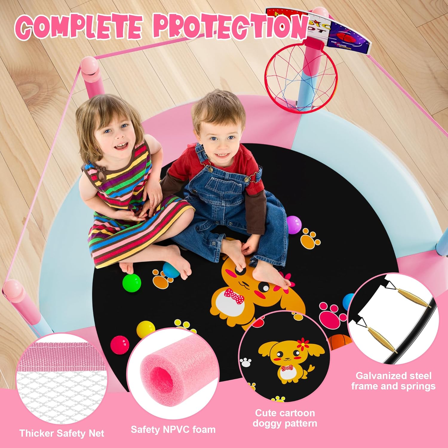 VGMiu 60" Trampoline for Kids, 5 FT Indoor & Outdoor Toddler Baby Trampoline with Basketball Hoop, Safety Enclosure, Birthday Gifts for Kids, Gifts for Boy and Girl, Age 3-8 - Image 4