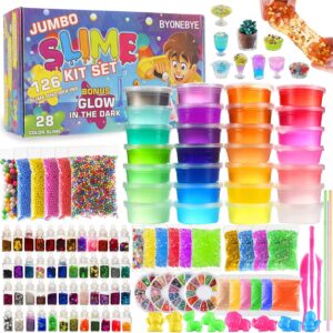 126 Pcs DIY Slime Making Kit for Girls Boys – Birthday Idea for Kids Age 5+. Ultimate Supplies Include 28 Crystal Slime, 2 Glow in The Dark Powder, 48 Bottle Glitter Jar etc.