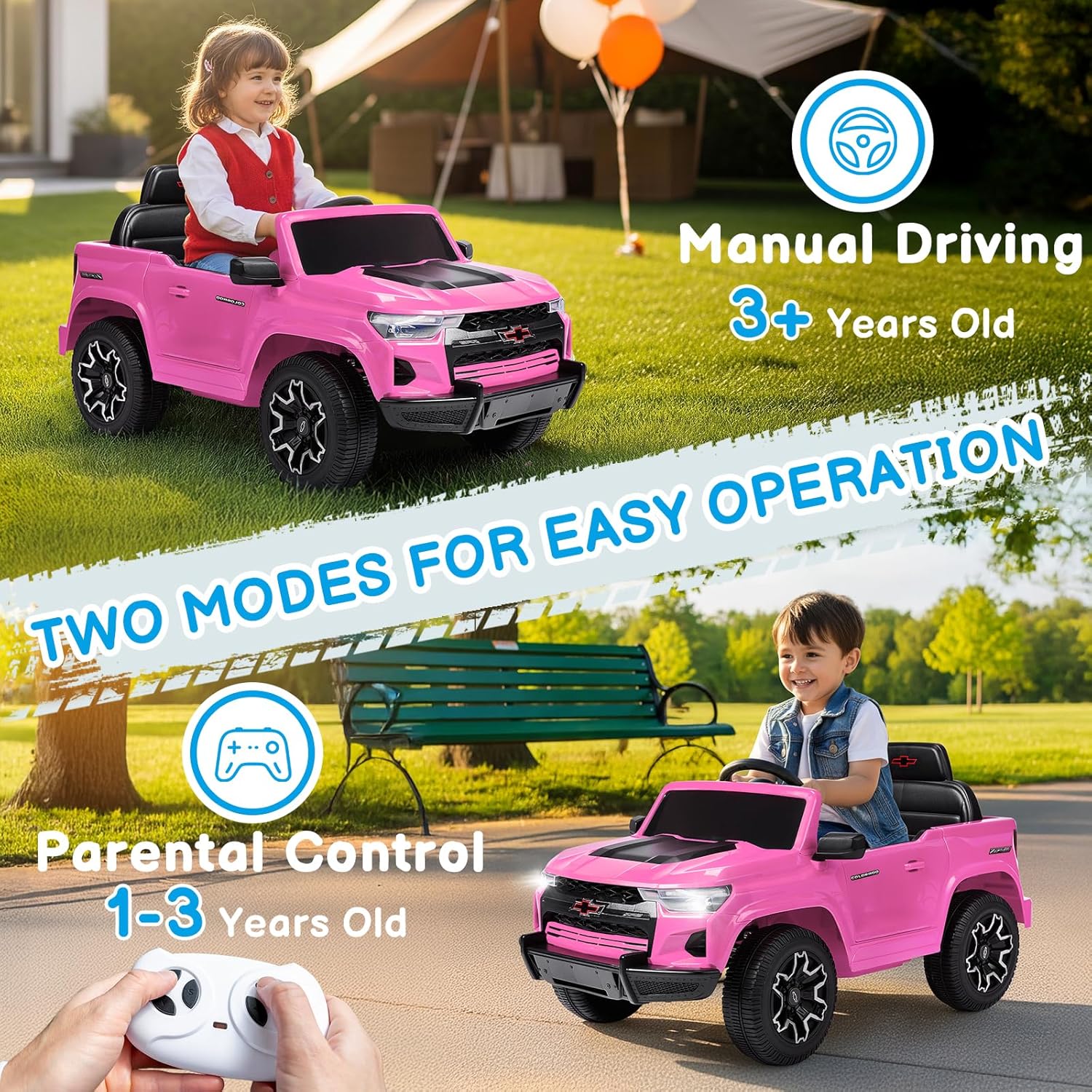 Winado Licensed Chevrolet Colorado Electric Car for Kids, 12V Ride on Toys for Toddlers with Remote Control, Battery Powered Electric Car Ride On Vehicle w/Bluetooth, Soft Start, LED Lights - Pink - Image 4