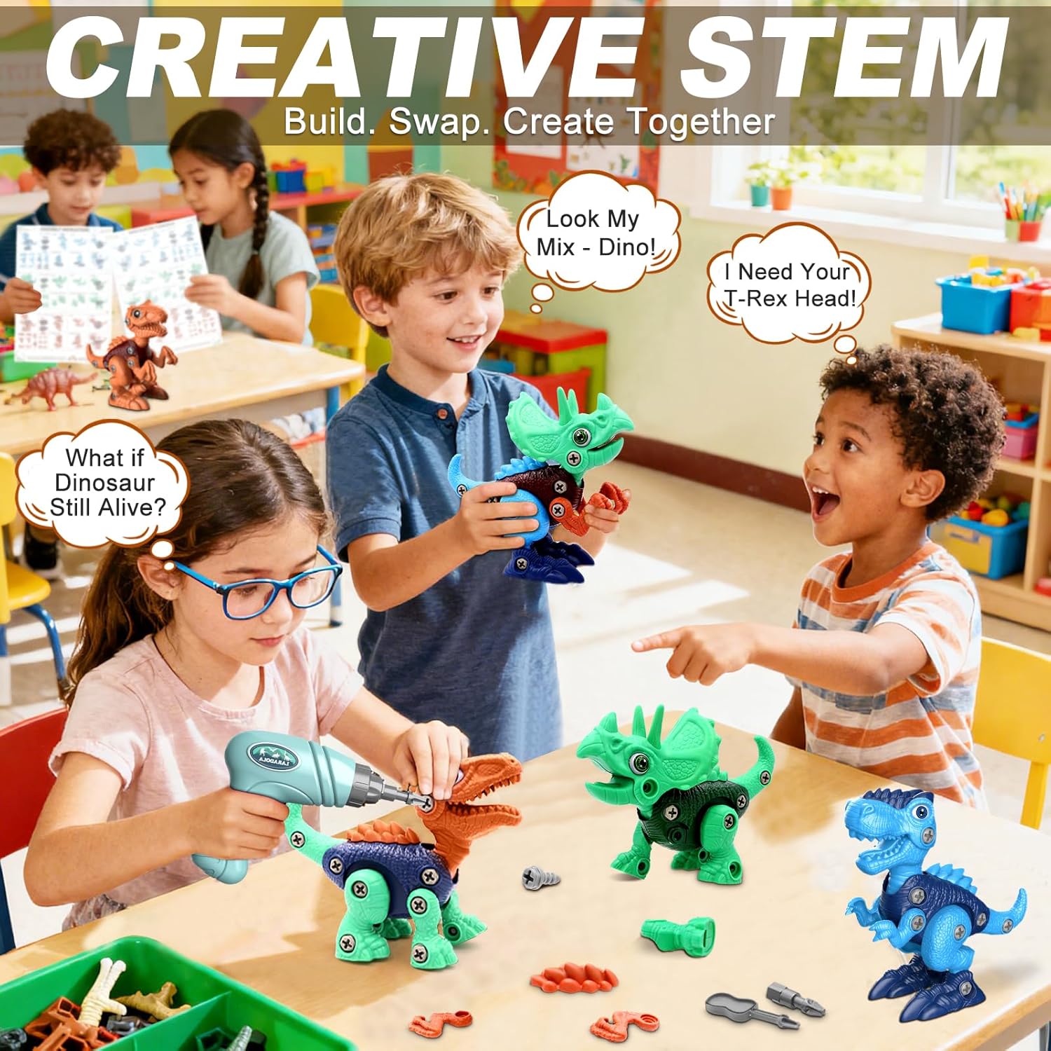 Laradola Take Apart Dinosaur Toys: 3 Pack Dinosaur Construction Building Set with Electric Toy Drill & Screwdrivers - STEM Educational Hands-On Play Birthday Gift for Boys Girls Ages 3-5 5-7 - Image 3