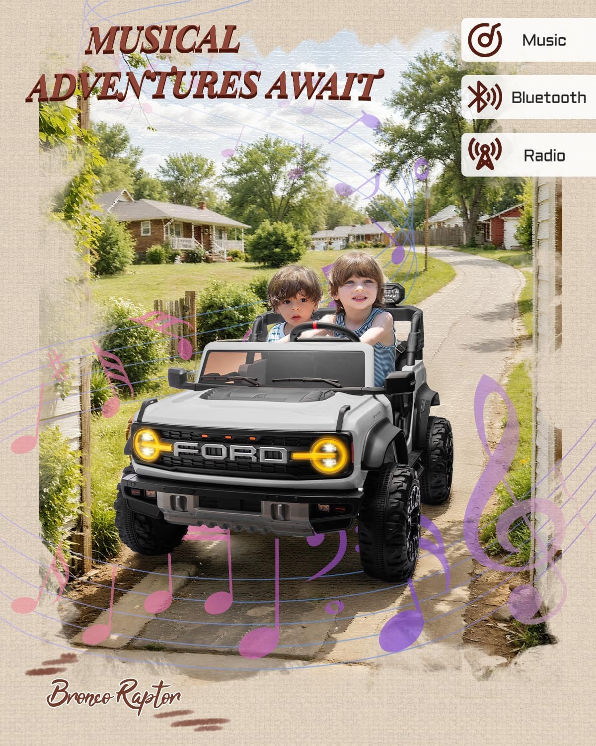 First Ride On Licensed Ford Bronco Raptor 24V 2 Seater Kids Ride on Toys, Battery Powered Electric Ride on Car, Remote Control Electric Car w/Led Lights, Music, High Low Speed (24V, White) - Image 6