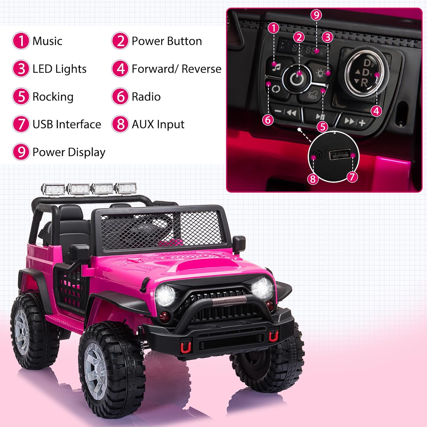 TOBBI 2 Seater Kids Electric Car Toy, Toddlers 12V Off-Road Ride On Truck with Parent Remote Control, 35W Battery-Powered 4 Wheels Vehicle to Drive with Horn & LED/MP3 for Chirdren 3-8 Years-Rose Red - Image 7