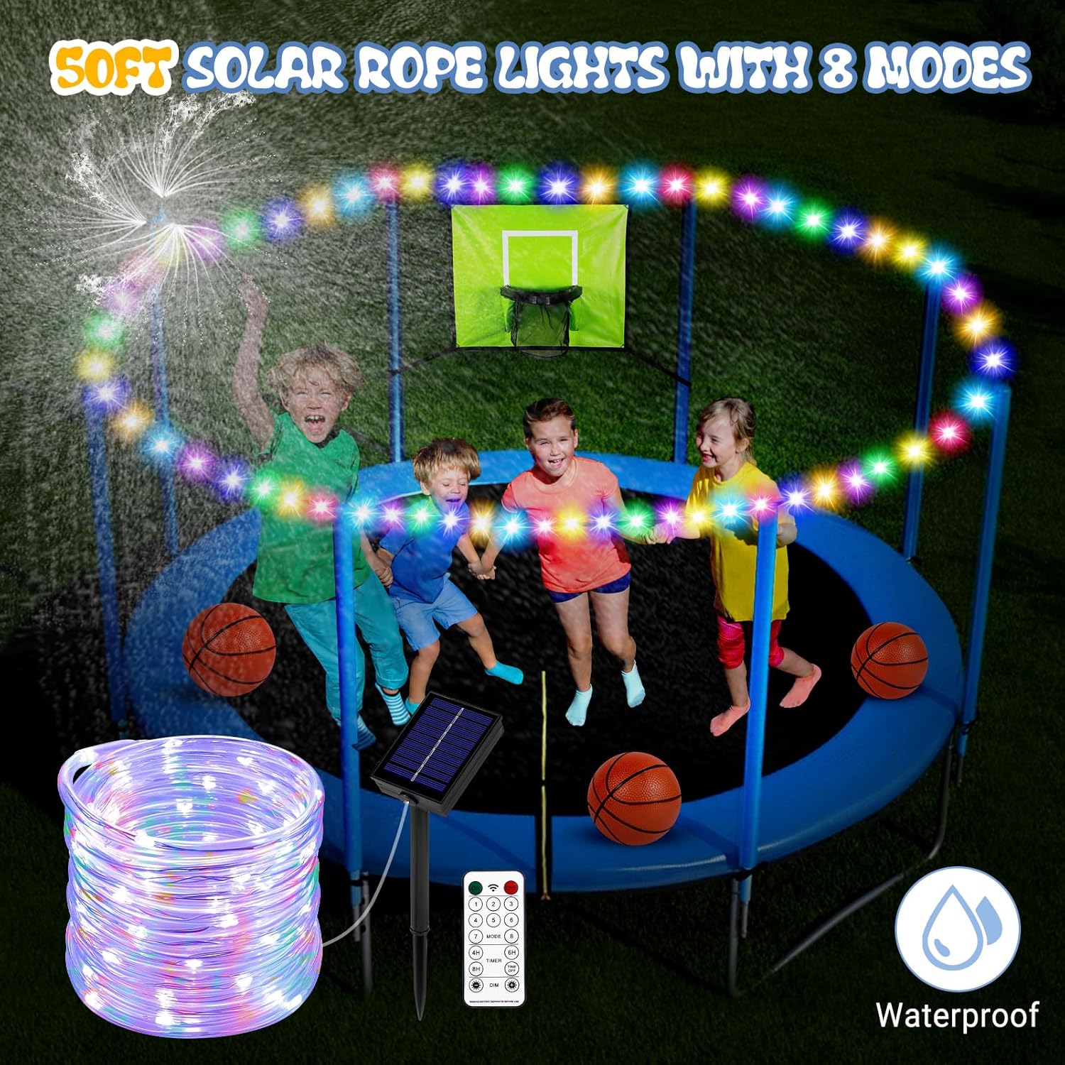 Trampoline Accessories Kit Kids,Basketball Hoop with 3 Mini Basketballs,50FT Solar Lights Fit 8 10 12 14 15 16FT Trampoline Outdoor 8 Mode,Choose from 2 Kits with Sprinkler or Dart Board & Glow Net - Image 5