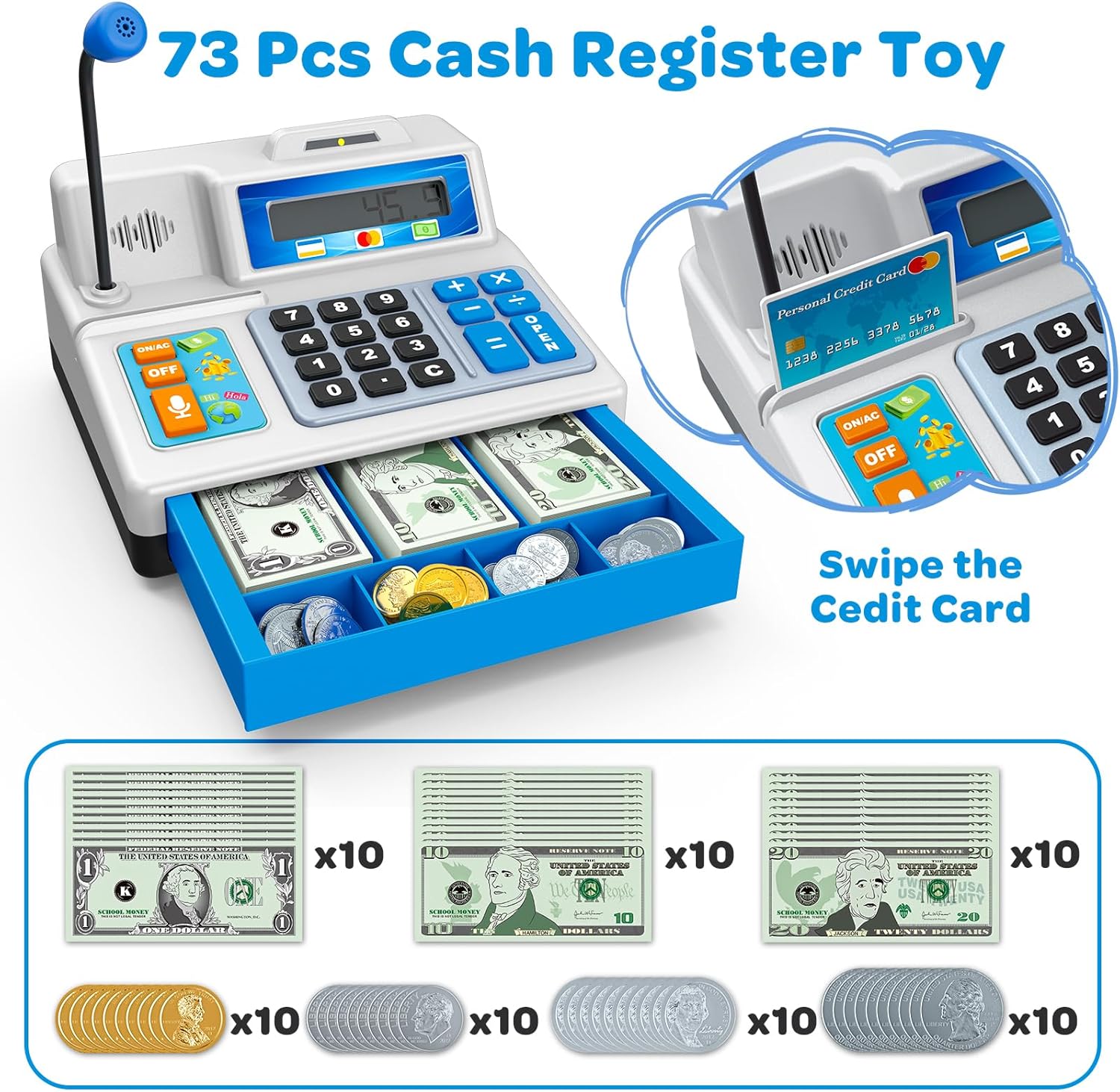 Bstoyder Calculator Cash Register Toy Gift for Kids Age 3, 4, 5, 6, 7, 8+ Year Old, 103 Pcs Grocery Store Playset with Microphone, Credit Card, Cash Register for Toddlers Kids 4-8 - Image 2