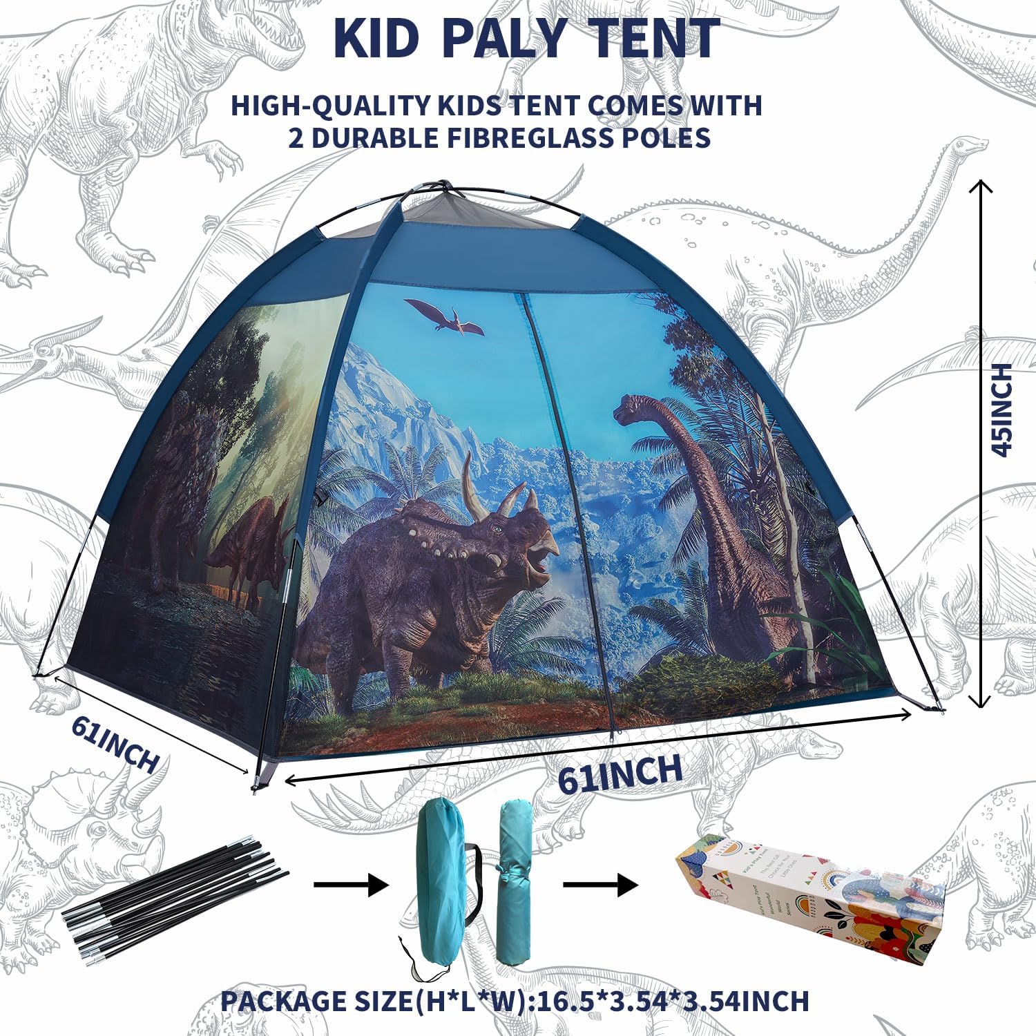 Mnagant Dinosaur Kids Play Tent-61”x61”x45”Realistic Dinosaur Kids Tent Indoor & Outdoor, Pop Up Play House for Kid, Boys & Girls Age 3-12 - Image 7