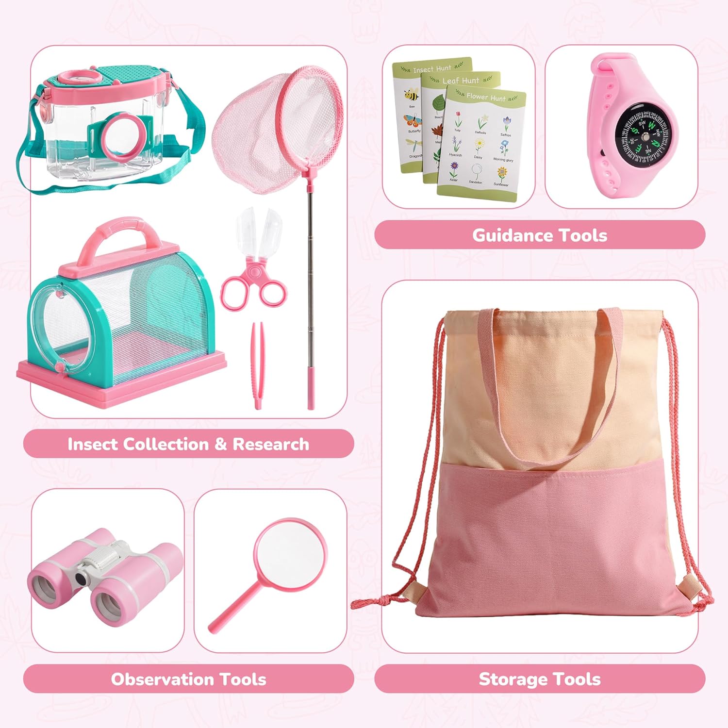 ROBOTIME Bug Catcher Kit for Kids, 12Pcs Explorer Kit, Outdoor Adventure Set with Kids Binoculars, Butterfly Net, Insect Box, Magnifying Glass and Compass Watch for Toddlers 3-12 (Pink) - Image 2