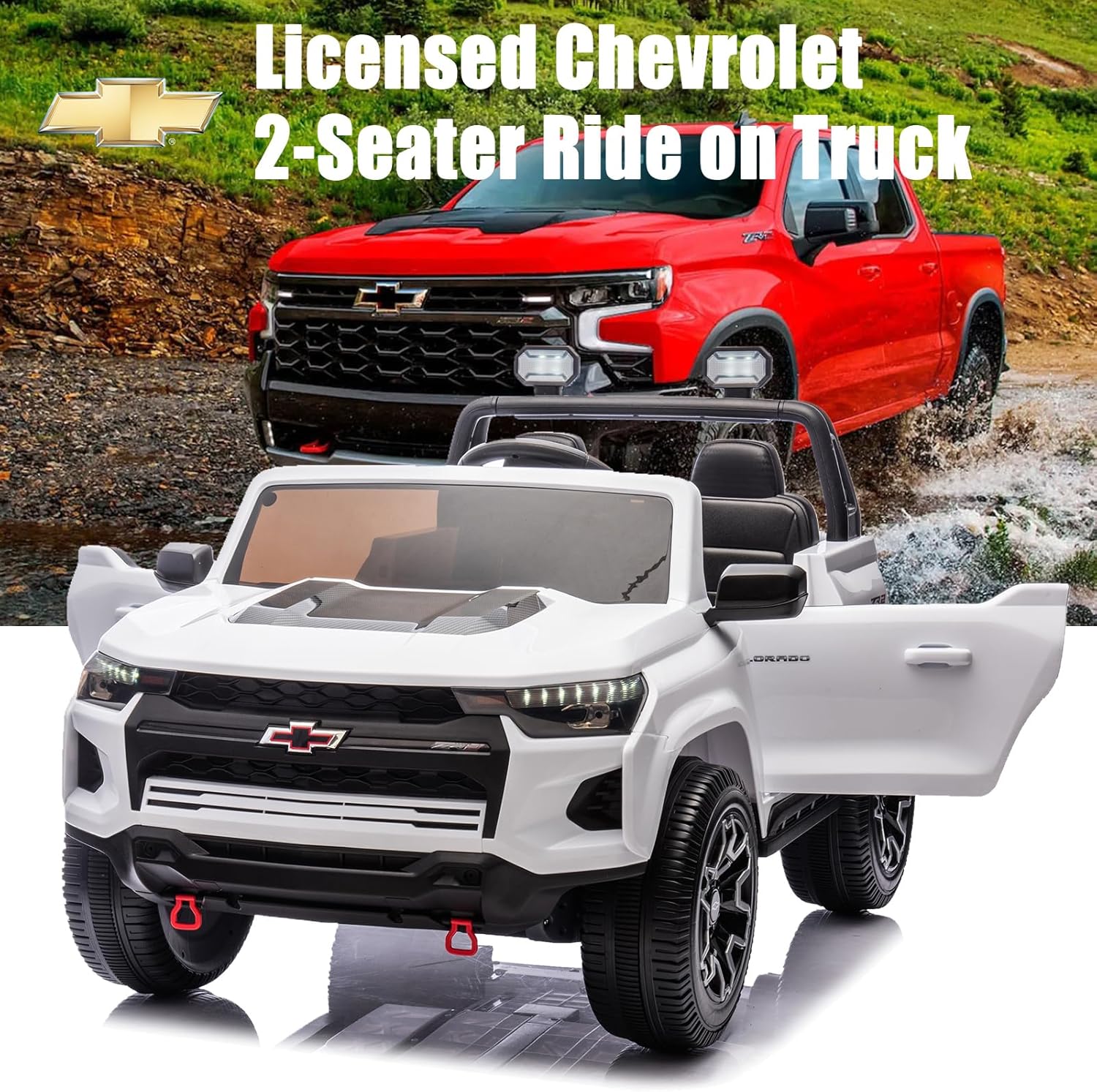 POSTACK Kids 24V 7Ah Kids Ride On Toy Car Chevrolet Official License 2 Seats Ride On Truck with Remote Control, LED Lights and Bluetooth Music Play Children Gifts for Girls and Boys Toy White - Image 4