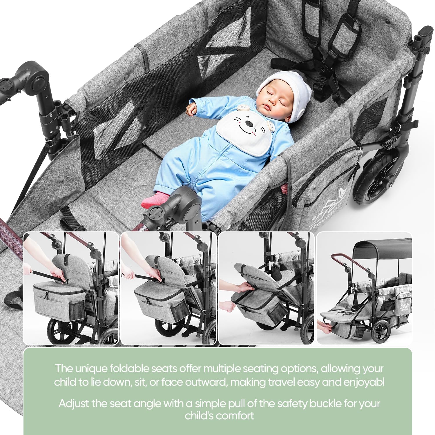 Rovique Wagon Stroller for 2 Kids,Premium Wagon for Kids with Removable Canopy, Snack Tray, Convertible Baby Bassinet, 5-Point Safety Harness, All-Terrain PU Wheels & Adjustable Push/Pull Handle,Grey - Image 2