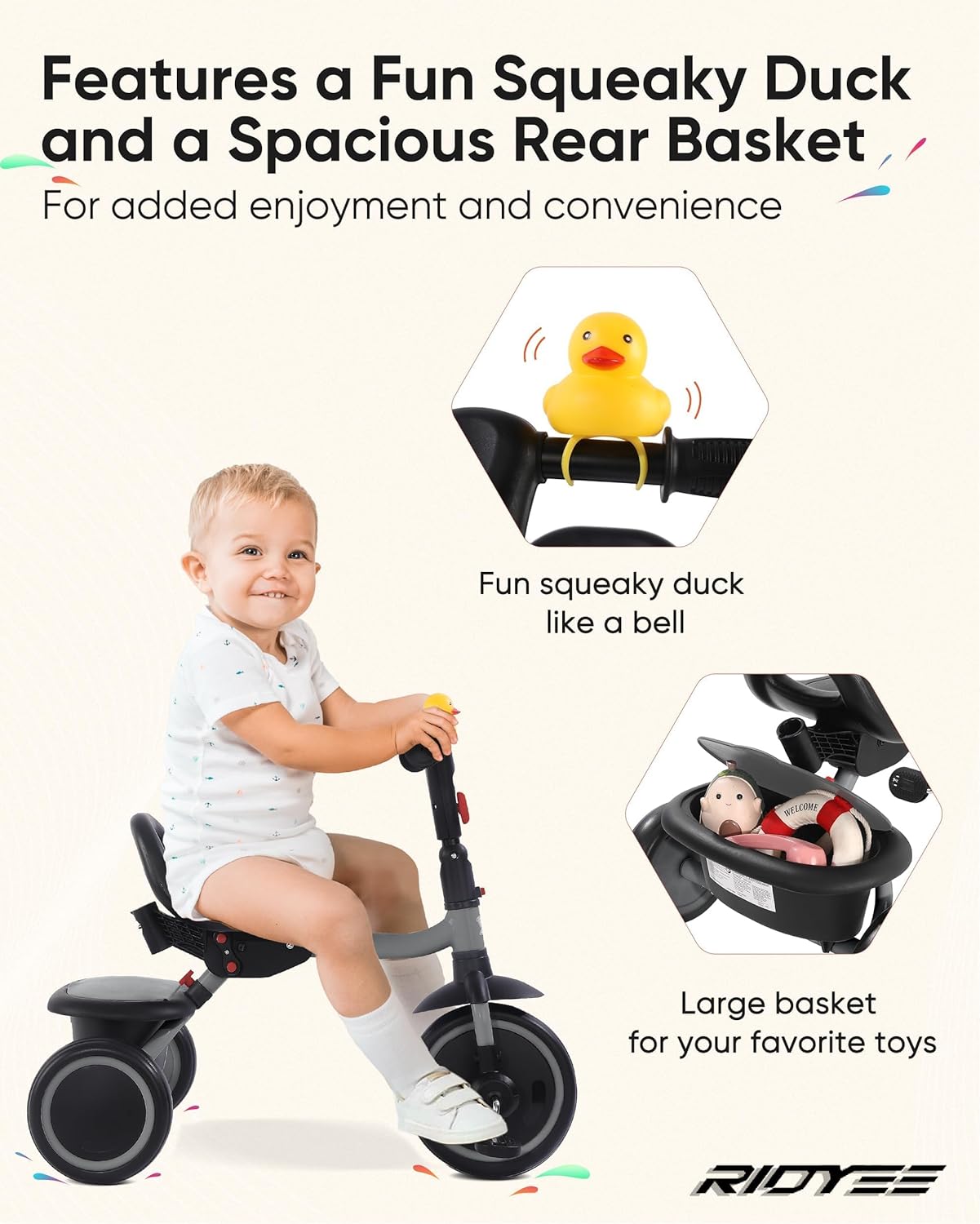 RIDYEE Tricycle for Toddlers 18 Months to 5 Years with Removable Push Handle, Tricycles for 3-5 Year Olds Ideal for On-The-Go Families, Adjustable Carry-Friendly Seat, Grey - Image 3