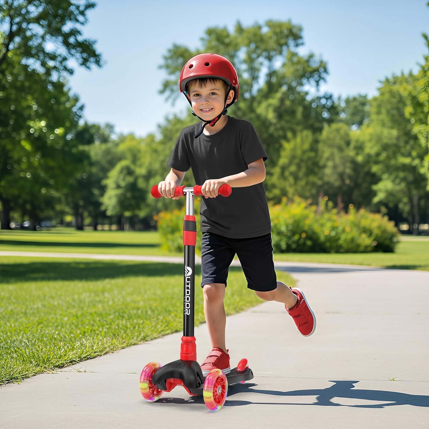 Outdoor Cruiser 3-Wheel Kids Scooter – with Lean-to-Steer Technology, Led Lighted Wheel, 4-Level Adjustable Height T-bar Handle, Support Kids Up to 150 Lbs, for Boys & Girls Ages 3-8, Black and Red - Image 3