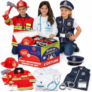 Born Toys 3-in-1 Toddler Dress Up Clothes for Boys & Girls Ages 3-7, Police, Firefighter and Doctor Pretend Play Set with Toy Accessories, Washable Costumes for Kids Career Day Outfit, Gift Ready Set