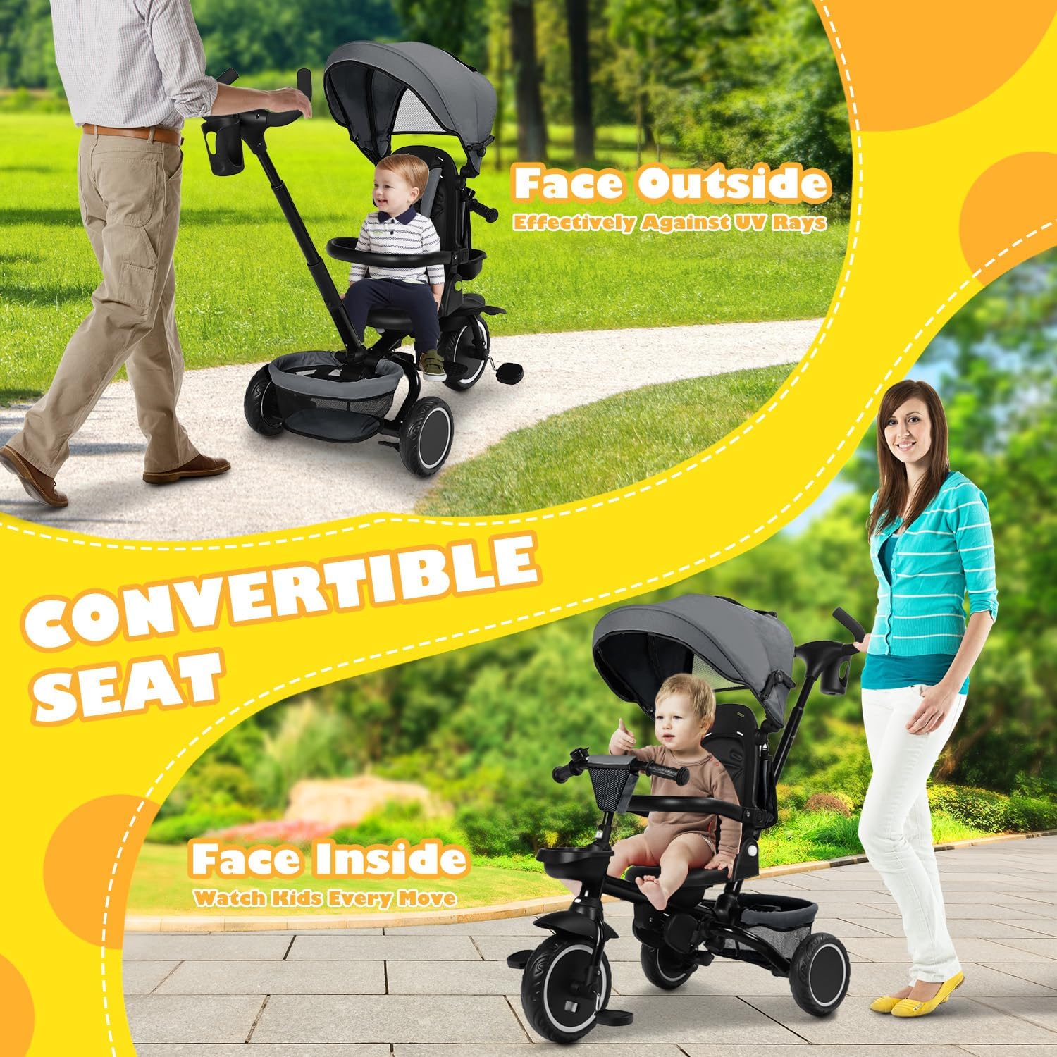 TODEFULL Folding Kids Tricycle, 8 in 1 Toddler Trike W/Removable & Adjustable Canopy, Parent Handle, 5-Piont Harness, Toddler Bike Tricycle for Kids 1-6 Years, EVA Wheels, Storage Basket, Grey - Image 5