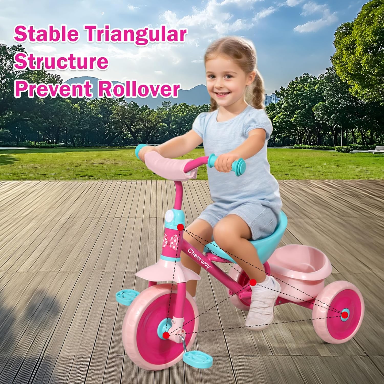 CHEERWAY Tricycle for 3-5 Year Olds, Toddler Trike, Outdoor and Indoor Riding Toy, Low-Height Seat Design, EVA Wheels, Kids Trike with Safety Cloth Sleeve, Gift for Boys and Girls (Pink) - Image 2