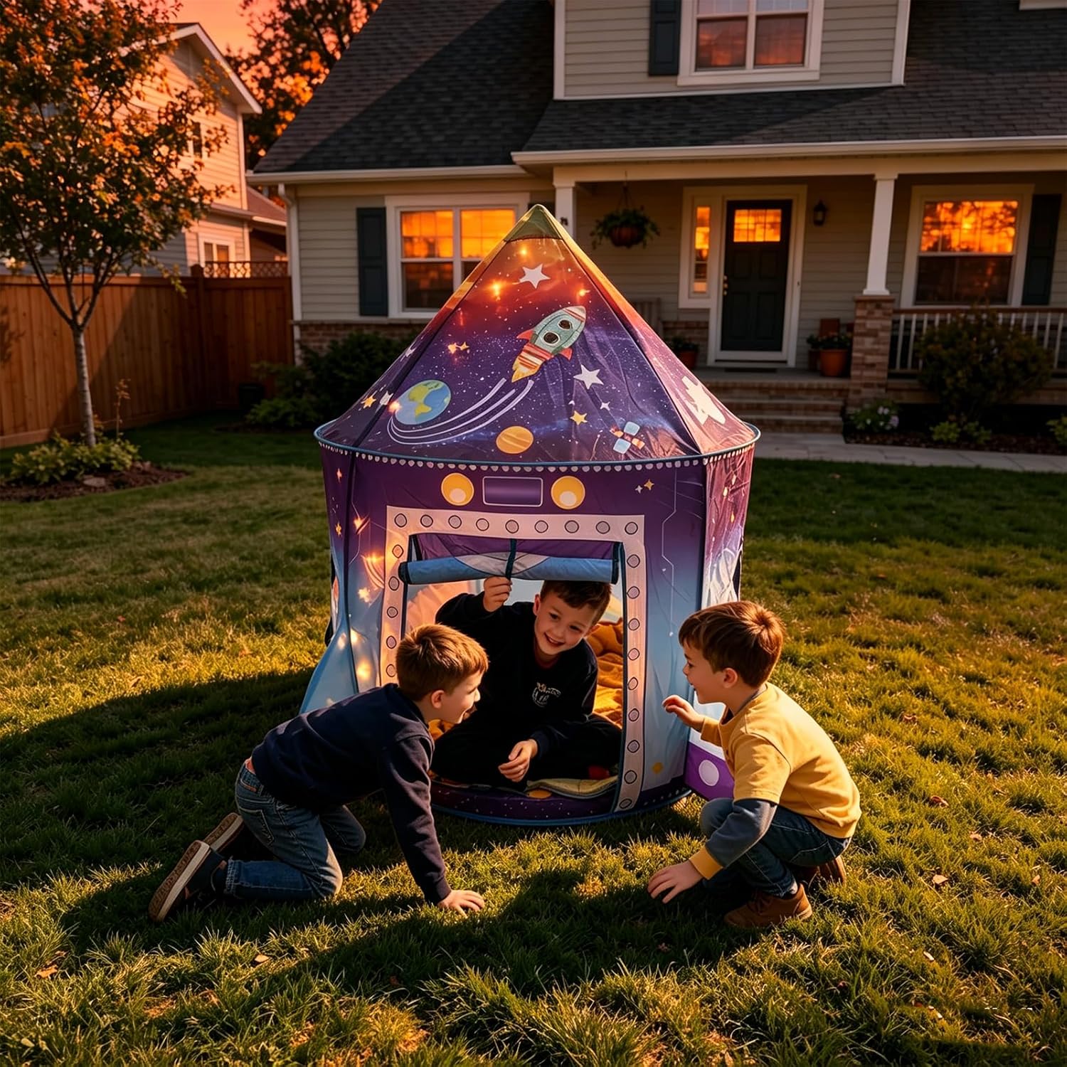 WillingHeart Play Tent for Kids Pretend Playhouse Indoor Outdoor Games Party Children Pop Up Foldable Tent Birthday Toy for Boys Girls Toddler Baby Playroom Gift, Rocket Ship Spaceship Space Themed - Image 8