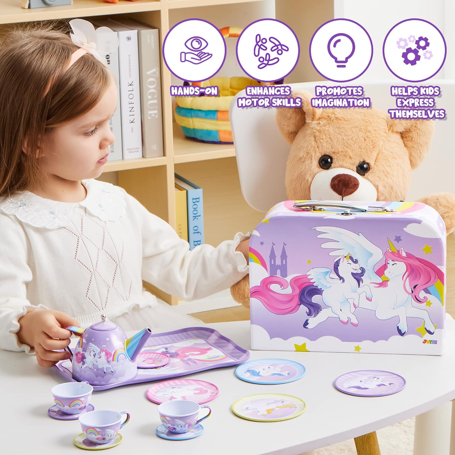 JOYIN Unicorn Tea Party Set for Little Girls, Pretend Purple Tin Teapot Set, Princess Tea Time Play Kitchen Toy with Teapot, Cup, Plate, Carrying Case for Kids Toddler Age 3+, Birthday Gifts - Image 5