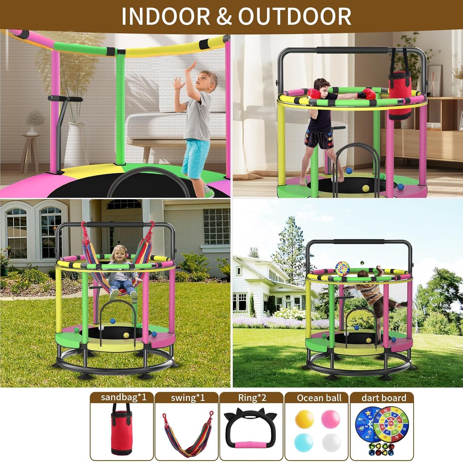 Trampoline for Kids, Full Anti-Rust 440lbs Anti-Rollover Round Bottom Toddler Trampoline, T-handrail Adjustable Baby Toddler Trampolines Dart Board - Image 7
