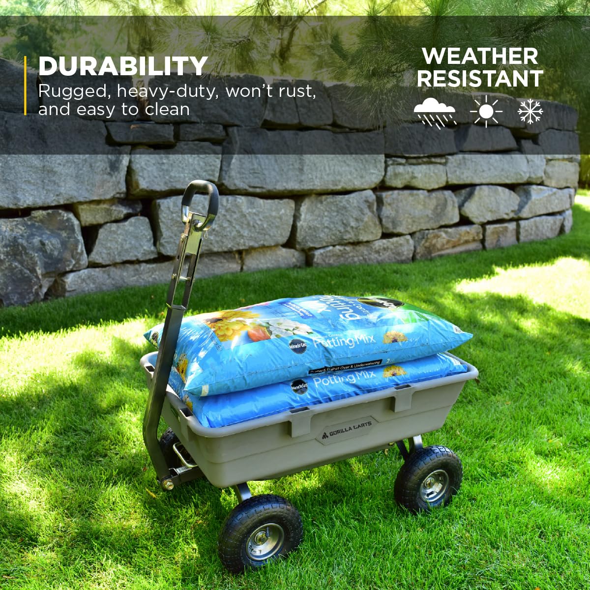 Gorilla Carts Heavy-Duty Poly Dump Cart, 5 Cu Ft Tub, 800 lb Haul Capacity, Gray – Towable Utility Wagon with Quick-Release Dumping & Pneumatic Tires for Yard, Landscaping and Gardening - Image 5