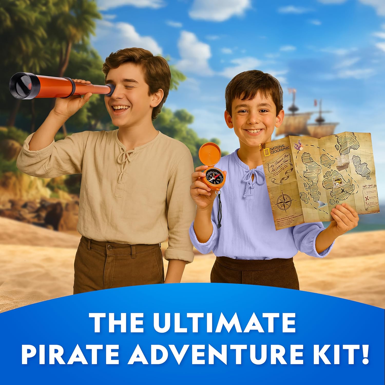 National Geographic Pirate Adventure Activity Kit – Dig for Treasure, Make a Pirate Hat & Map, Includes Spyglass, Compass, Replica Doubloon & Pyrite, STEM Toys, Telescope for Kids - Image 3