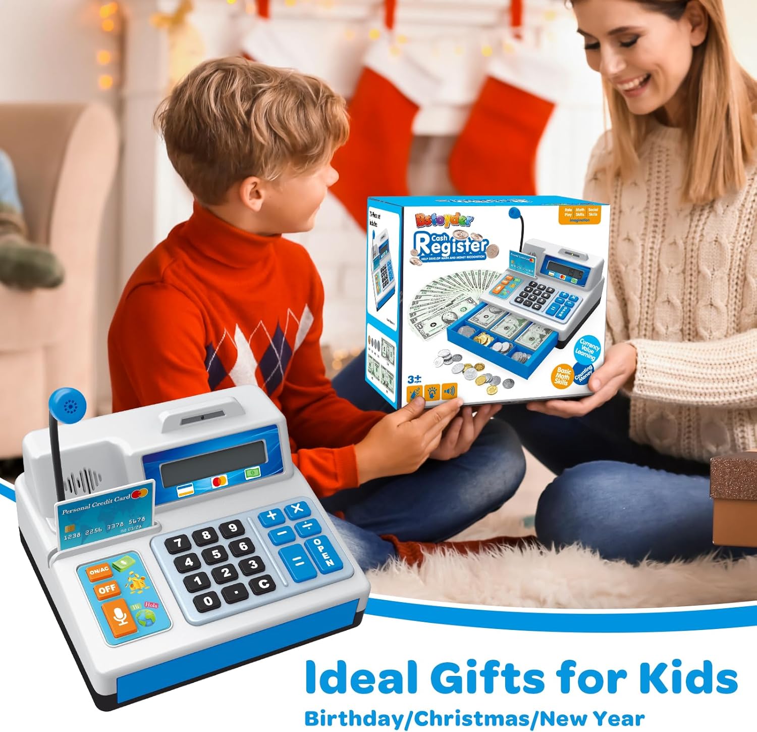 Bstoyder Calculator Cash Register Toy Gift for Kids Age 3, 4, 5, 6, 7, 8+ Year Old, 103 Pcs Grocery Store Playset with Microphone, Credit Card, Cash Register for Toddlers Kids 4-8 - Image 7