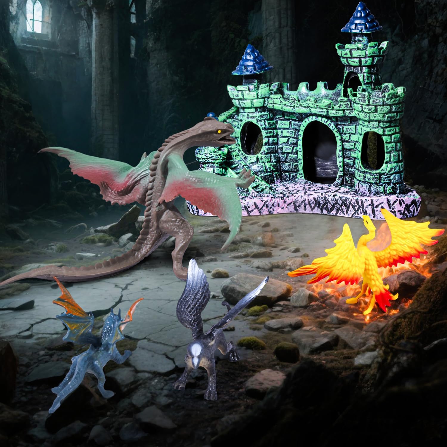 15Pcs Dragon Cake Decorations, Medieval Plastic Dragon Figures with Castle Tree Toys Playset for Kids Birthday Baby Shower Halloween Fantasy Theme Party Supplies - Image 4