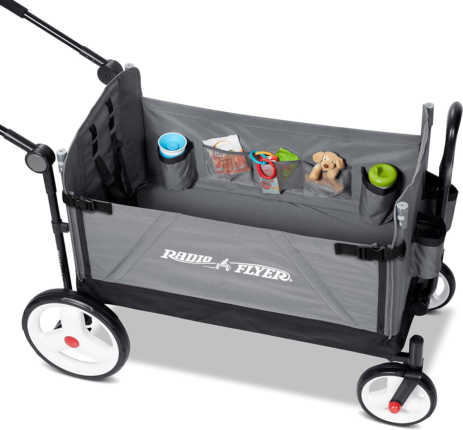 Radio Flyer City Luxe Stroll 'N Wagon, for Ages 1+, 3-in-1 Push or Pull, with Bench Mode, Easy Fold, UV Canopy, 5-Point Harnesses, Front Caster Wheels & 12" Rear Wheels, Stroller Wagon for Kids - Image 16
