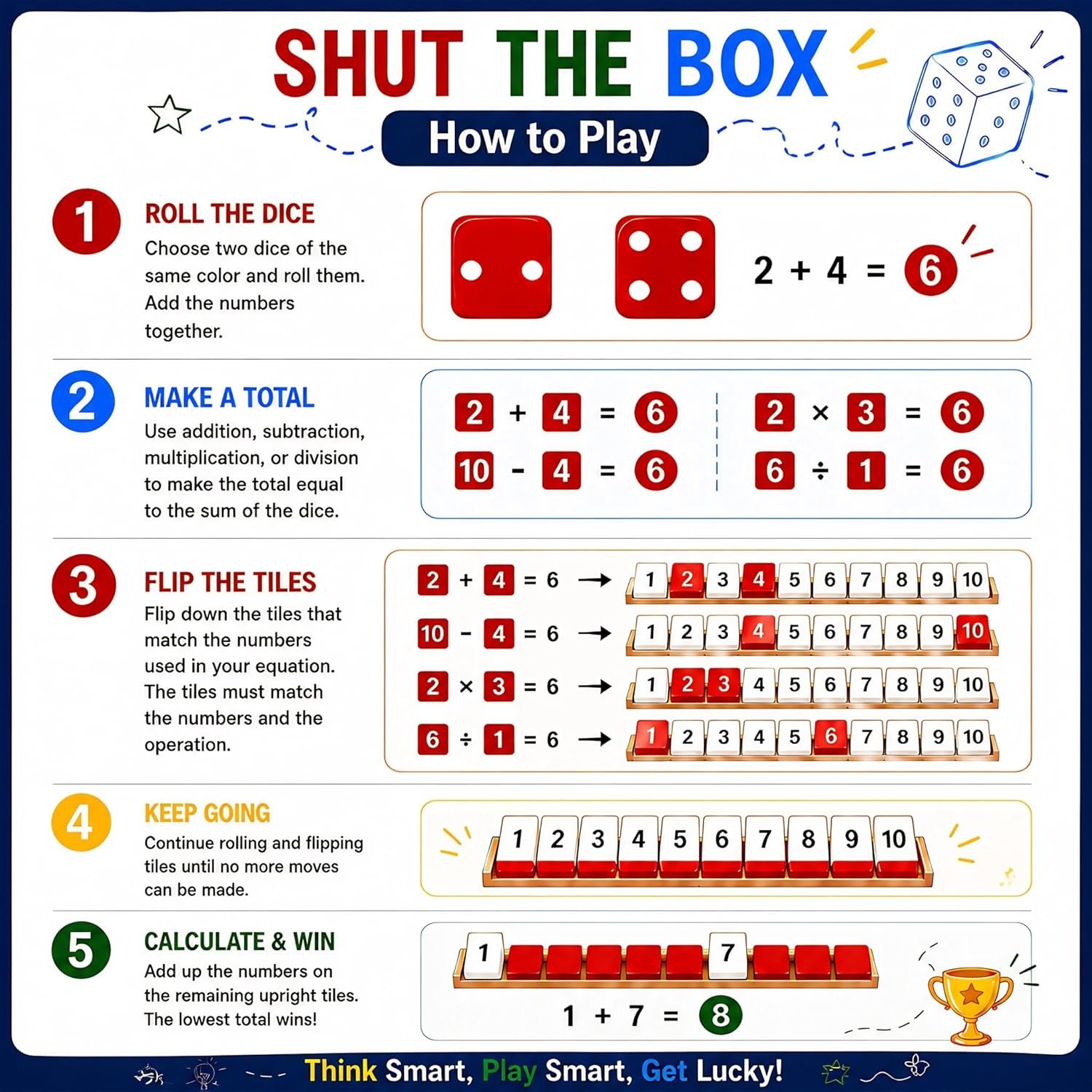 Shut The Box Game, Wooden Number Flip Board Dice Tabletop Toys for 2-4 Player, Math Educational Learning Tools for Kids and Adults, Classic Pub Family Game Night Party Activity, Camping - Image 11