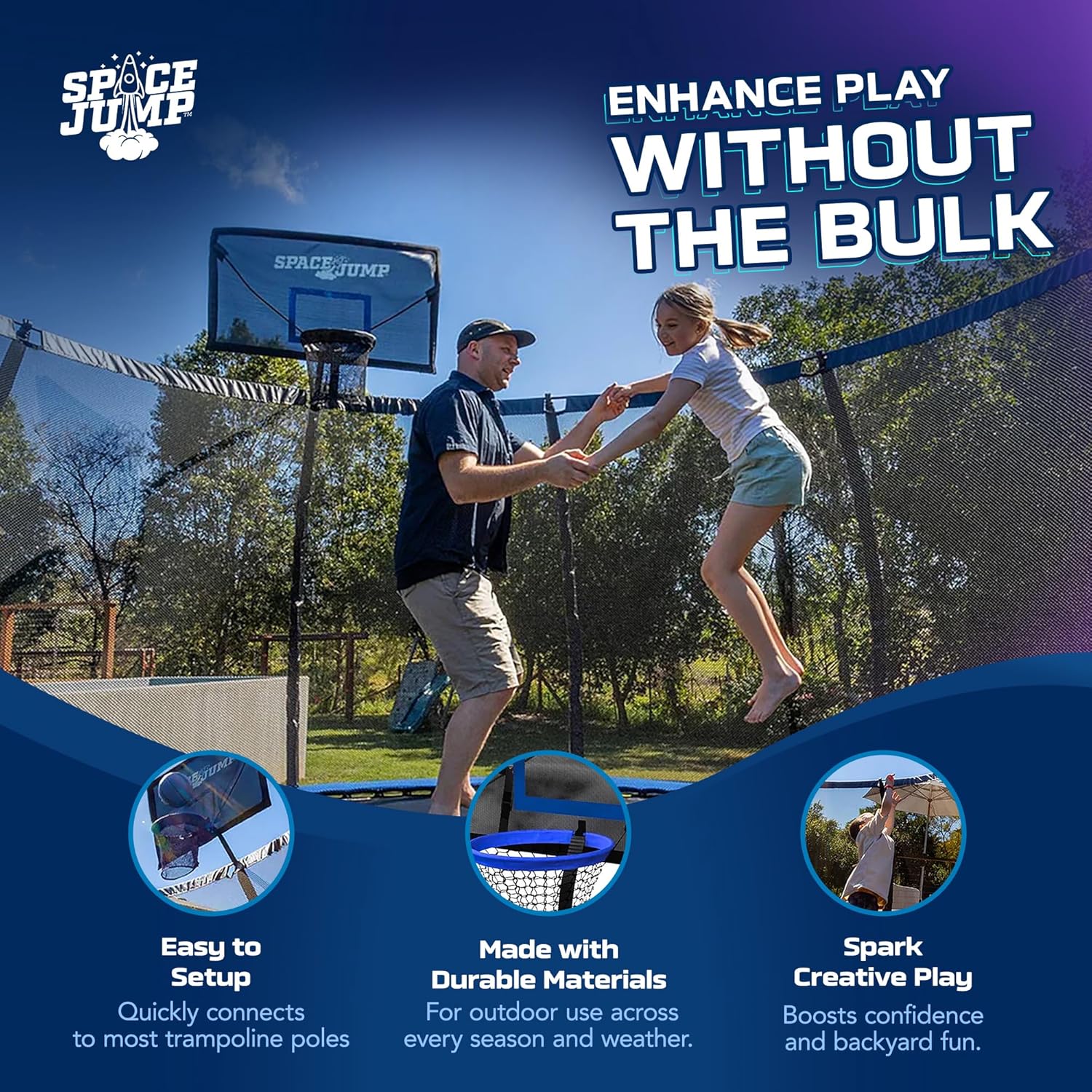 SpaceJump AstroJam Trampoline Basketball Hoop and Net Set Attachment, Outdoor Accessory for Active Backyard Play, Black/Blue - Image 4