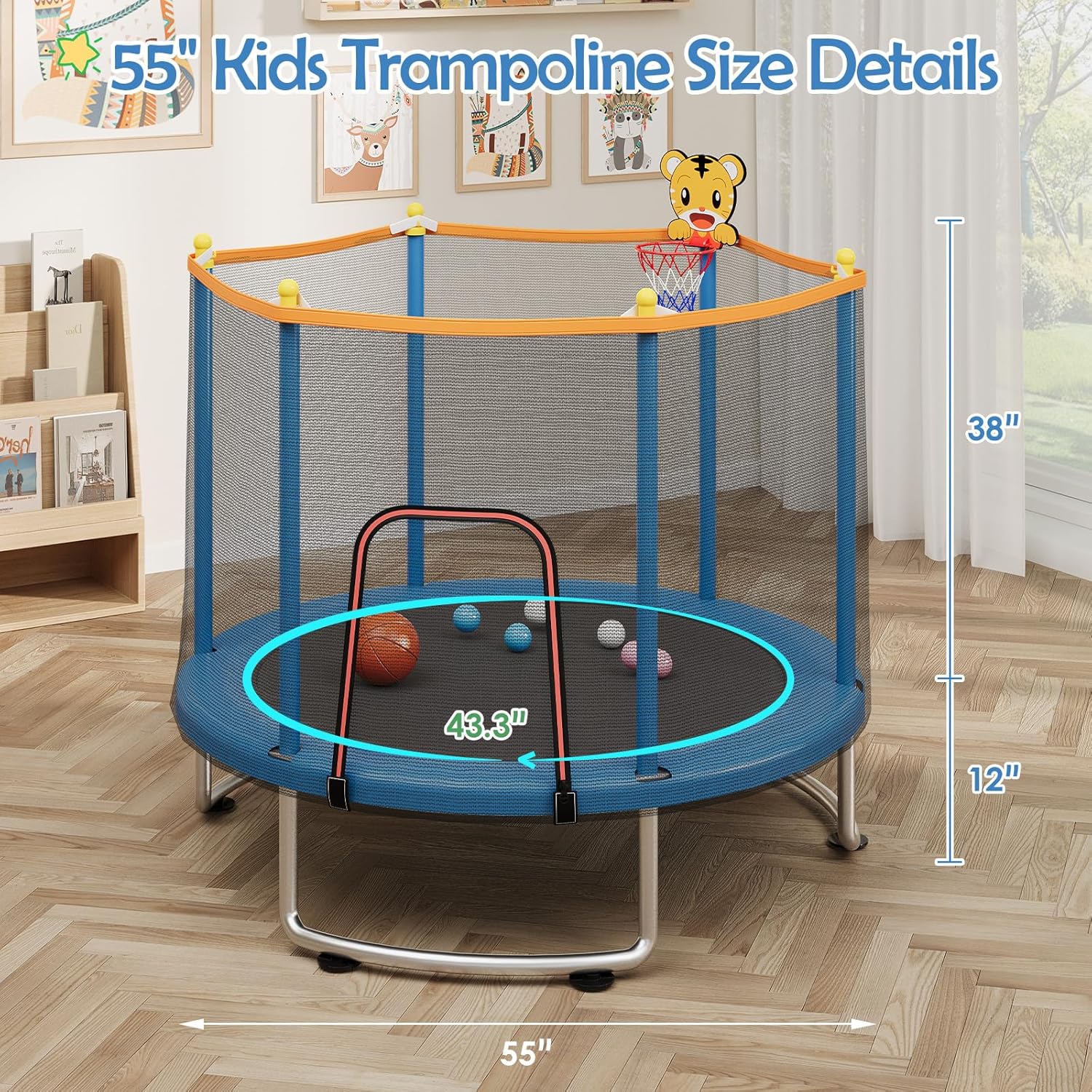 Kids Trampoline with Safety Net – 440lbs Capacity, Upgraded Rust-Proof Ring Legs, Adjustable Gymnastics Bar & Toys – Indoor Outdoor Toddler Trampoline for Boys & Girls Ages 1-8 - Image 7