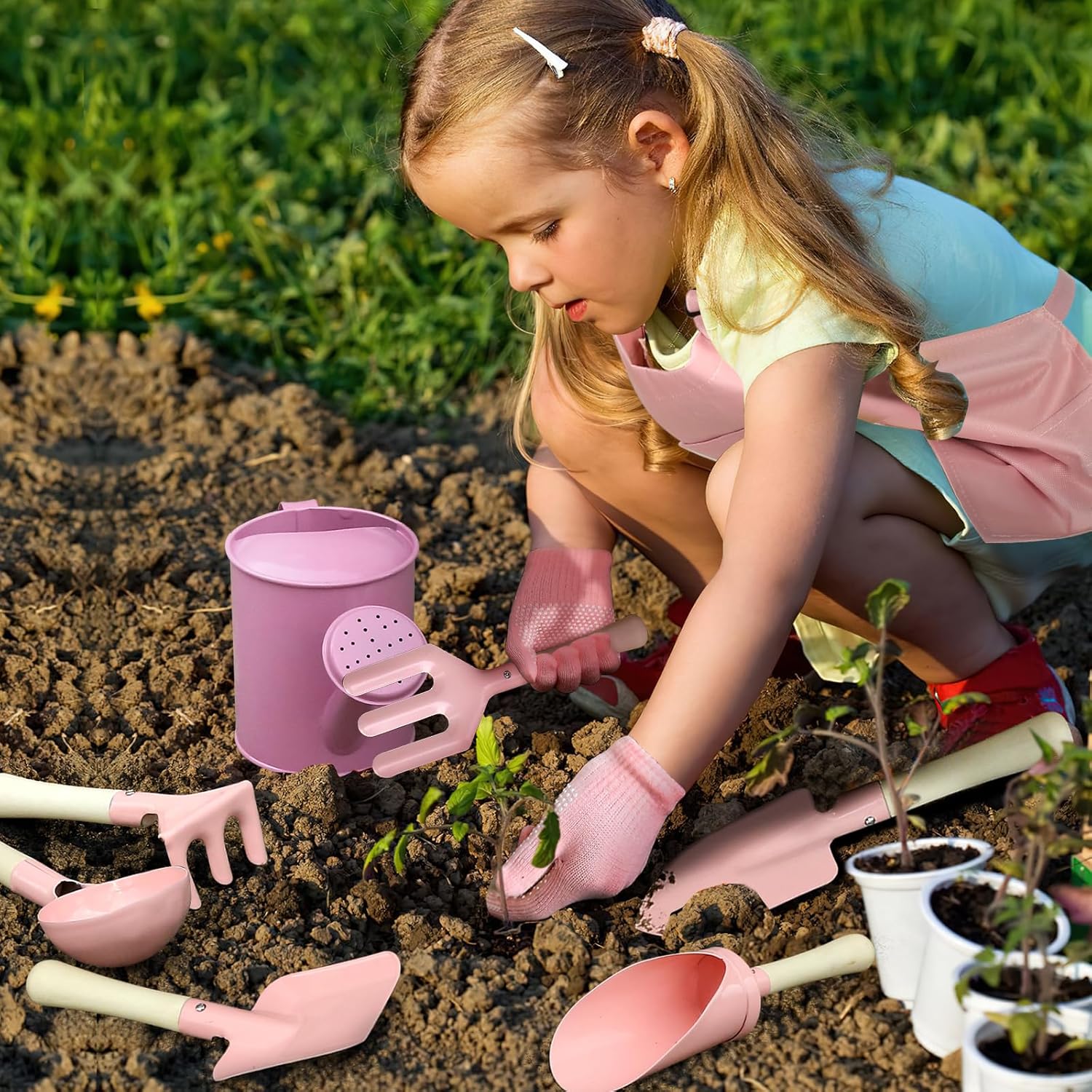 Qtioucp Kids Gardening Set 14Pcs Garden Tools with Tote Bag,Watering Can, Shovel, Apron, Garden Book and More Educational STEM Learning Outdoor for Toddlers Boys Girls (Floral) - Image 4
