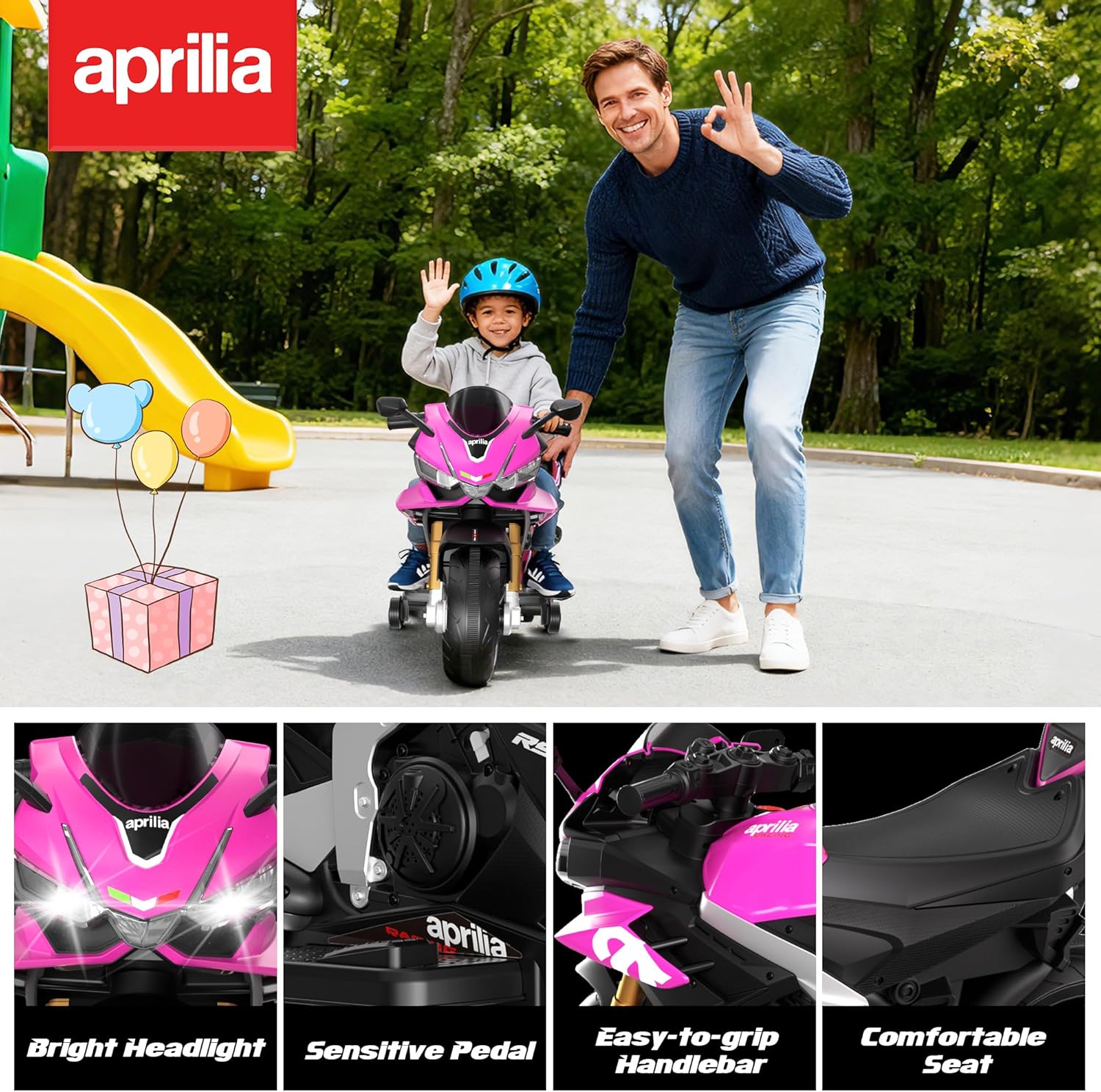 Kids Motorcycle, 12V Licensed Aprilia RSV4 Electric Motorcycle for Kids, Training Wheels, LED Headlight, Music, Battery Powered Ride on Motorcycle for Toddler Boys Girls Pink - Image 7