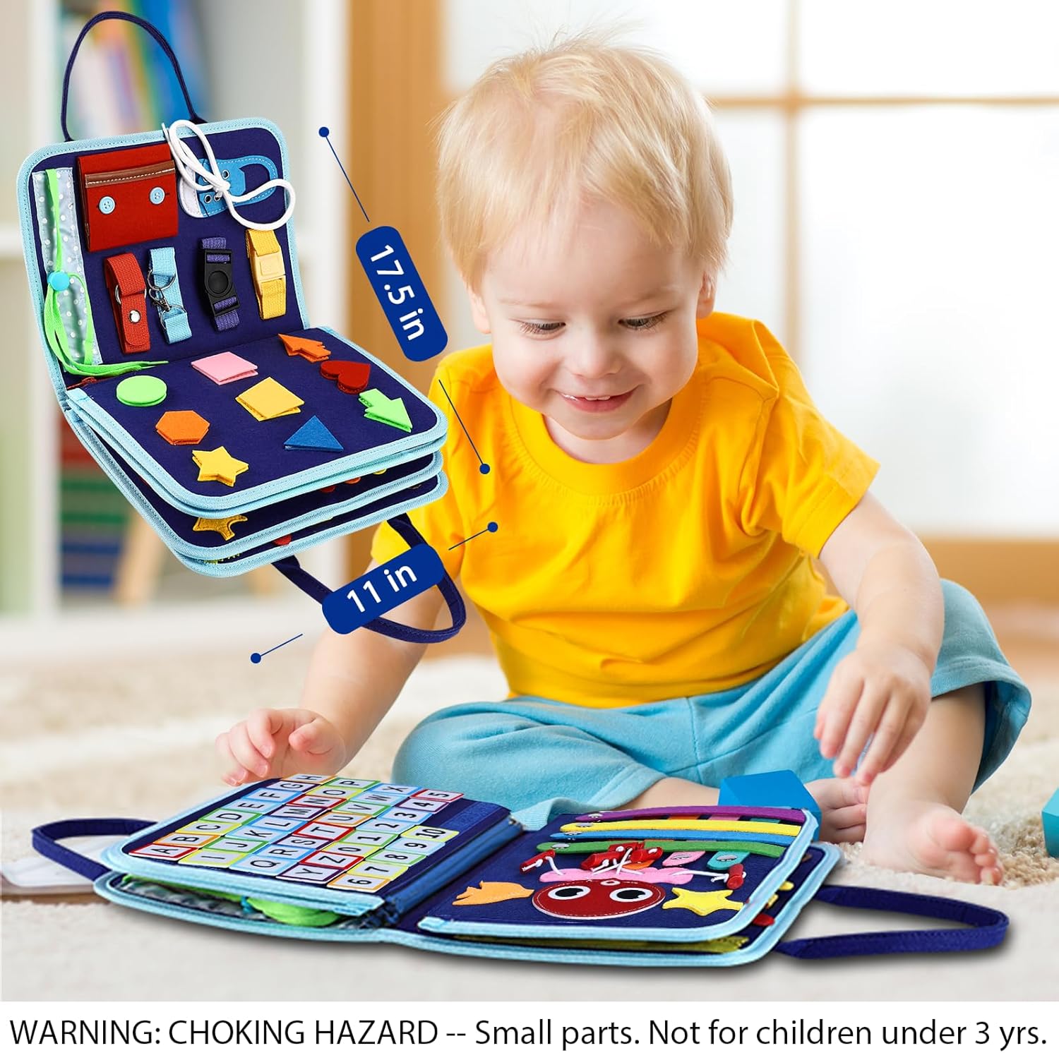 Esjay Toddler Busy Board Montessori Toys for Boys, Sensory Book Educational Activities for Learning Fine Motor Skills, Birthday Gifts for Boys Toddlers, Travel Toys for Airplane Car, Blue Dinosaur - Image 5