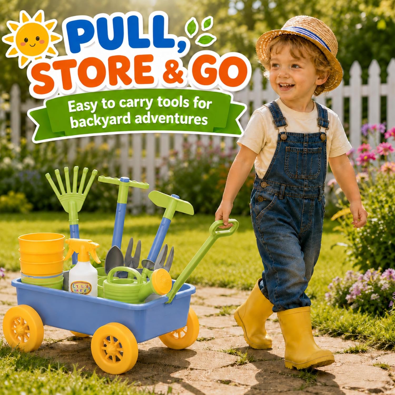 Liberty Imports Pull Along Garden Wagon and Gardening Tools Toy Play Set for Toddlers, Kids with Outdoor Tools, Plant Pots, Accessories - Image 5