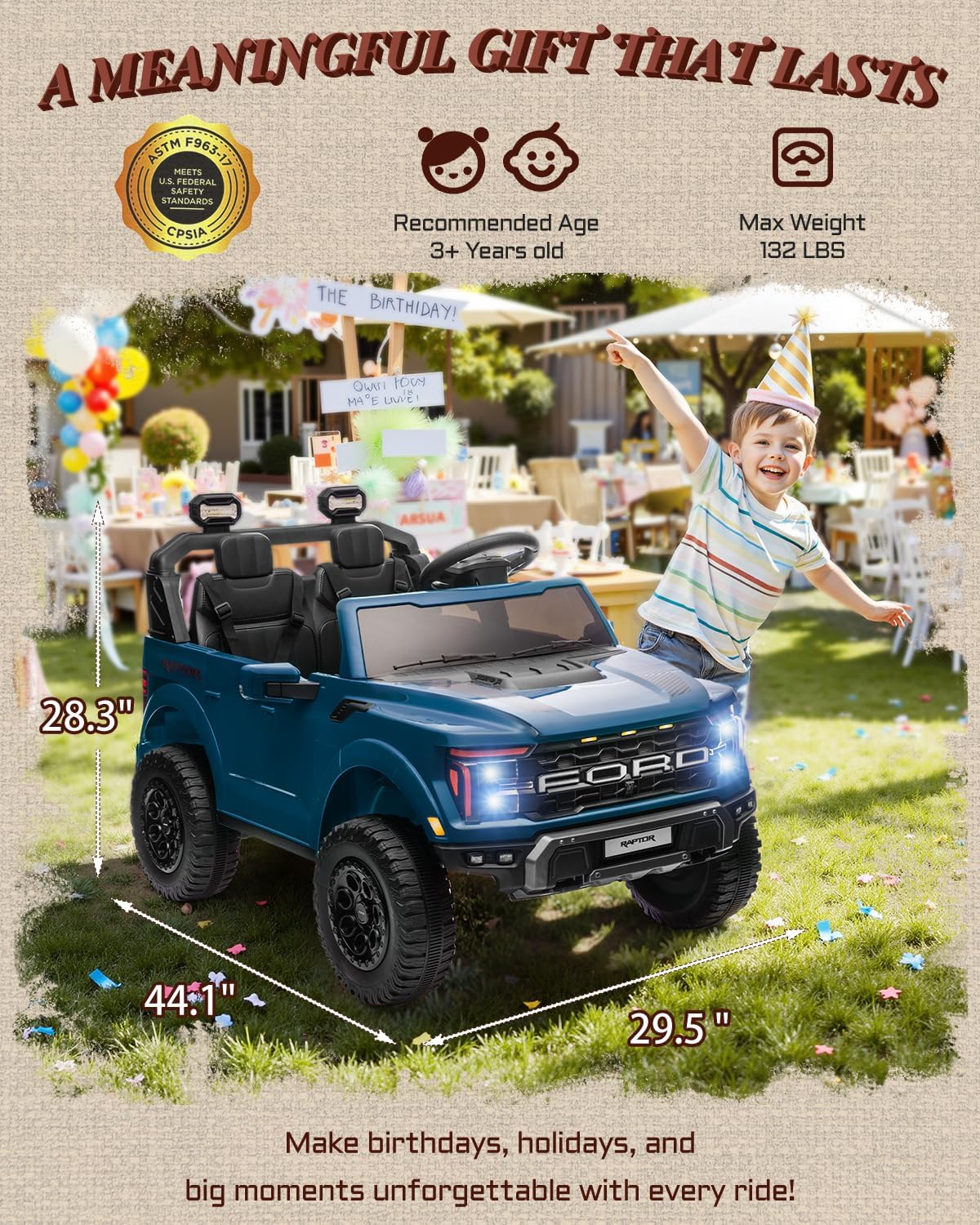 First Ride On Licensed Ford F-150 Raptor 2 Seater Ride on Car for Kids, 24 Volt Ride on Toys for Boys w/Remote Control, Kids Electric Car w/LED Lights, Bluetooth, Truck Bed Storage, Soft Start (Blue) - Image 8
