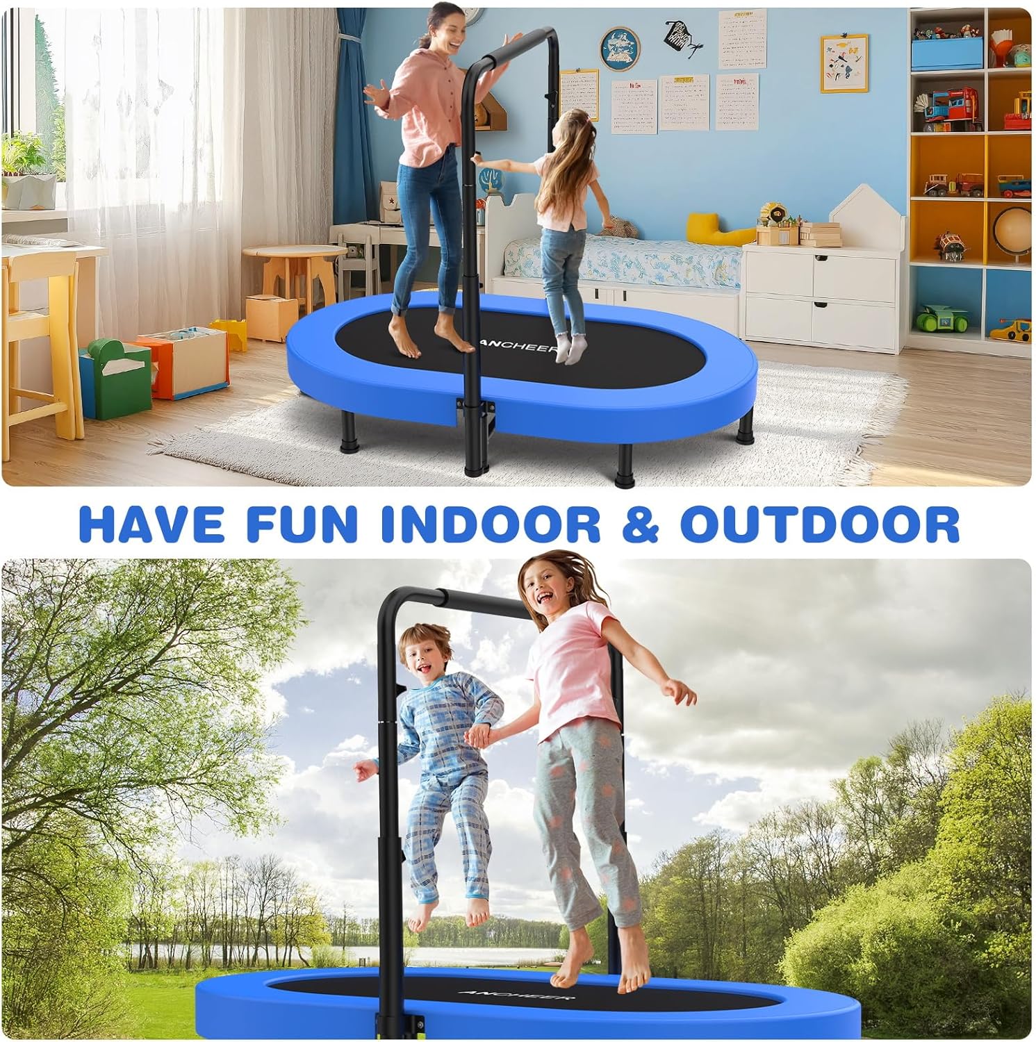 ANCHEER 56" Double Mini Trampoline for Kids, Mini Rebounder with 5-Level Adjustable Handle, Parent-Child Trampoline for Kids, Max Load 220lbs, Fun for Indoor/Outdoor - Image 7